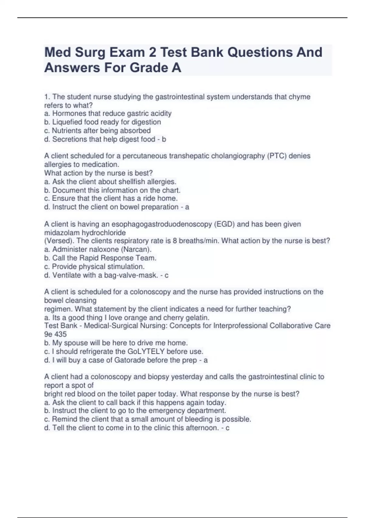 Med Surg Exam 2 Test Bank Questions And Answers For Grade A - Med Surg ...