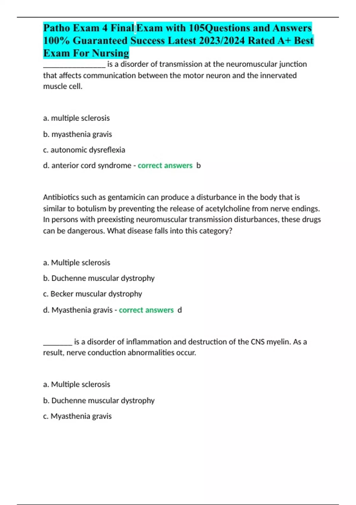 Patho Exam 4 Final Exam with 105Questions and Answers 100% Guaranteed ...