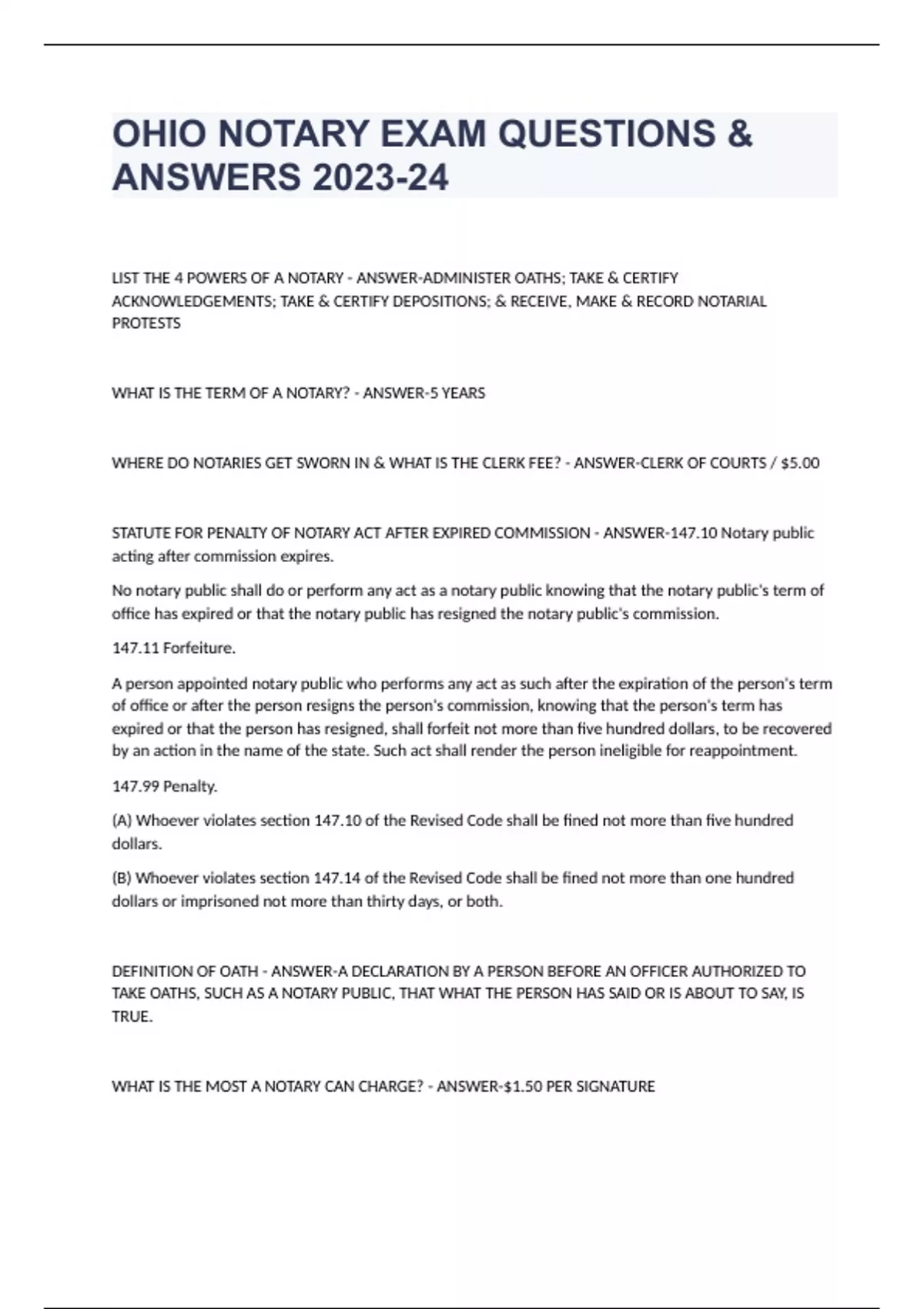 OHIO NOTARY EXAM QUESTIONS & ANSWERS 202324 OHIO NOTARY Stuvia US