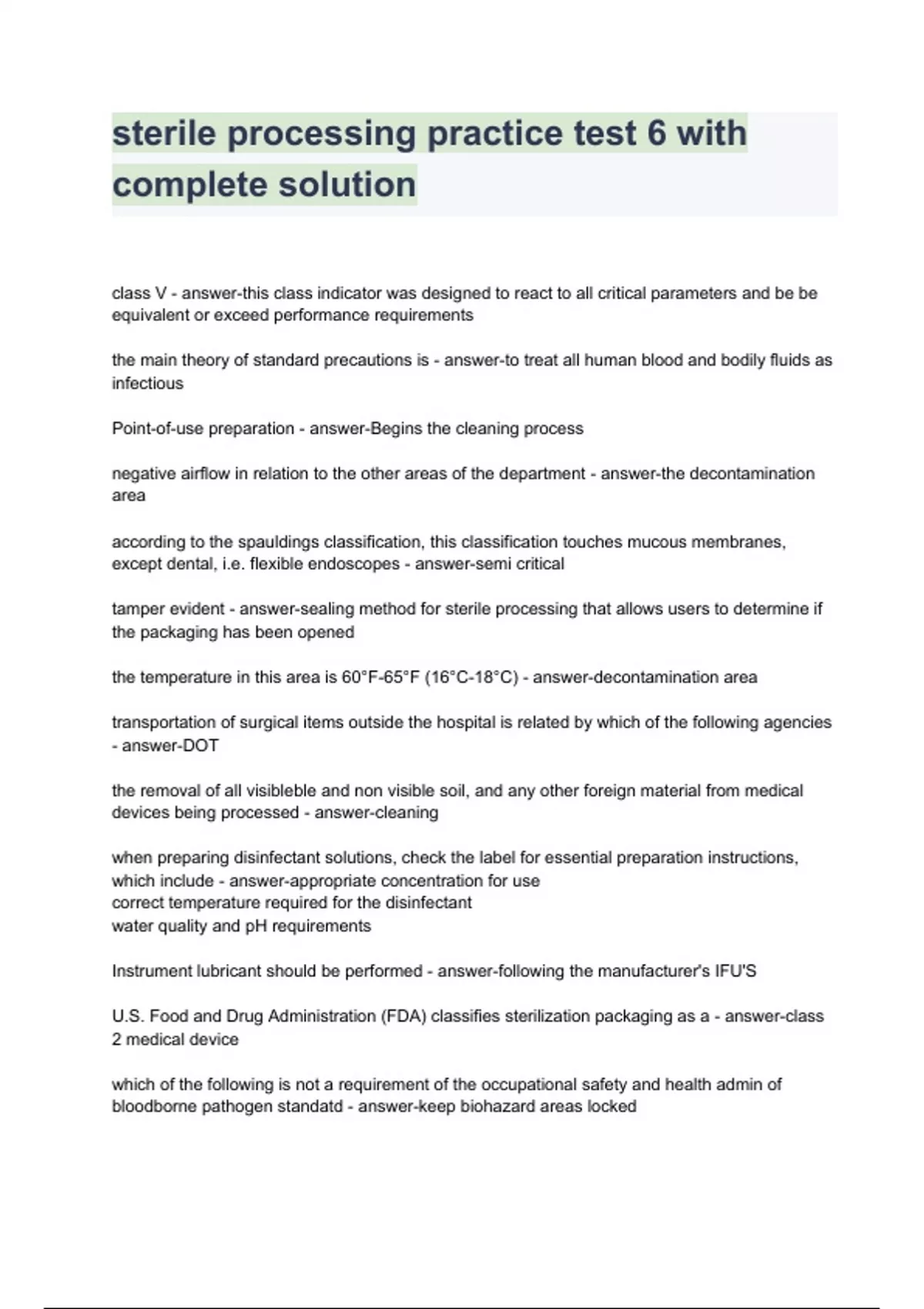 sterile processing practice test 6 with complete solution Sterile