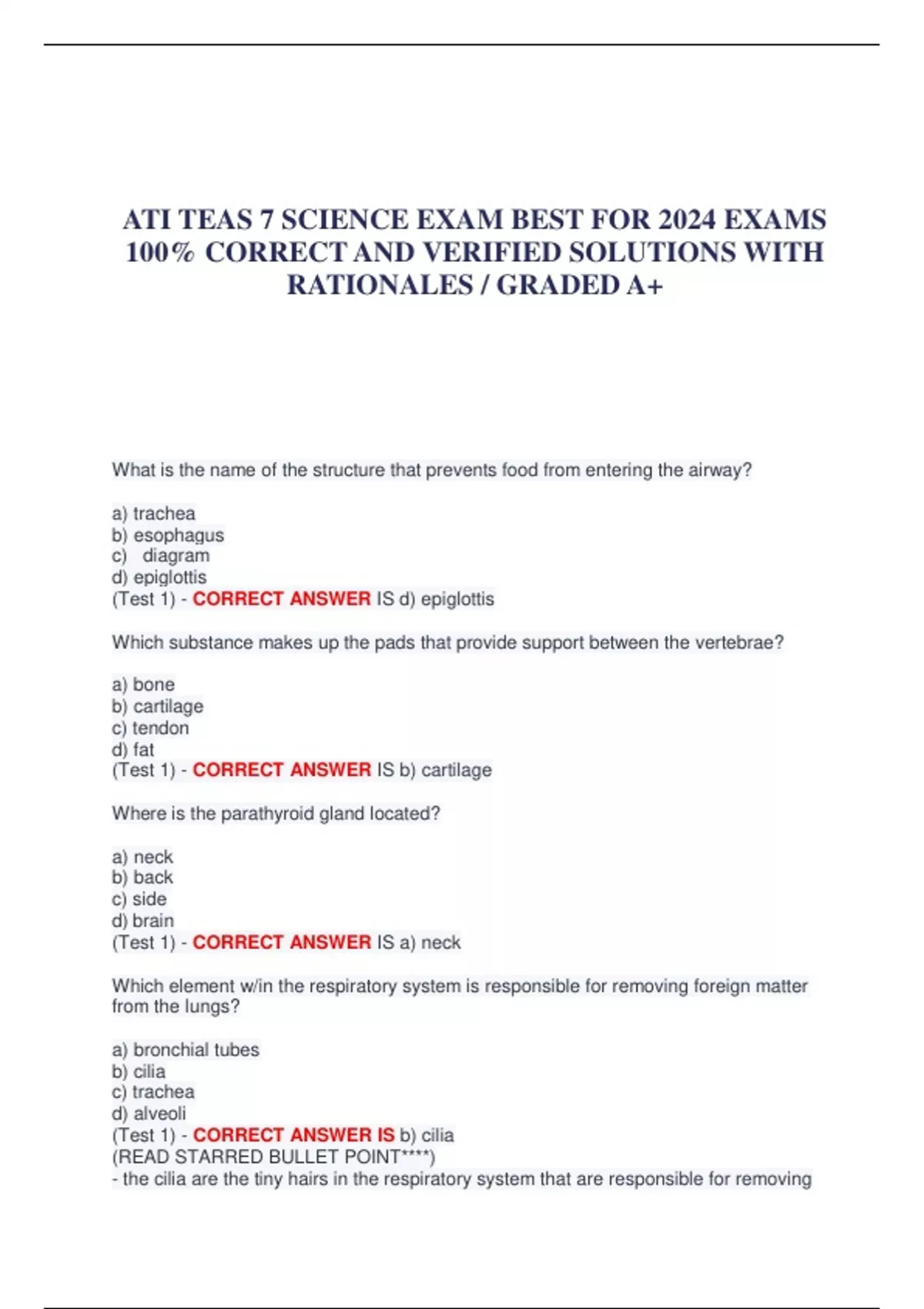 ATI TEAS 7 SCIENCE EXAM BEST FOR 2024 EXAMS 100% CORRECT AND VERIFIED ...