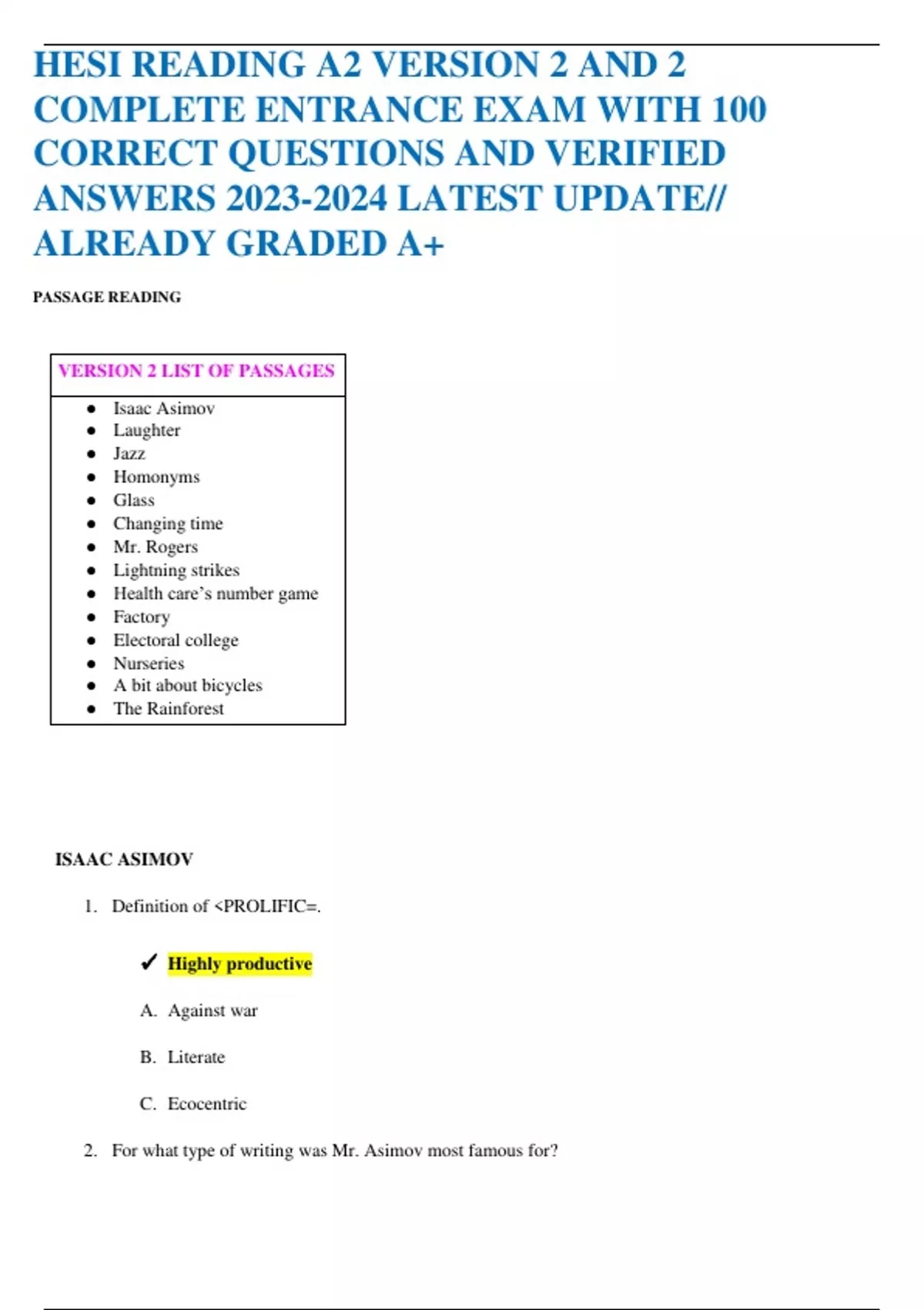 HESI READING A2 VERSION 2 AND 2 COMPLETE ENTRANCE EXAM WITH 100 CORRECT