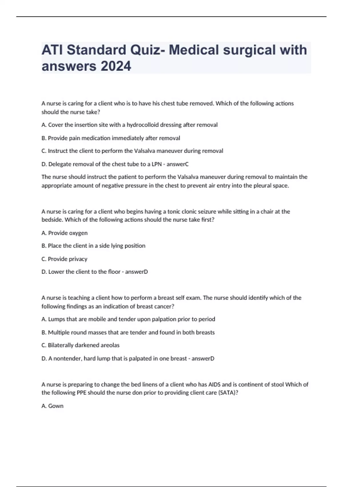 ATI Standard Quiz Medical surgical Final exam with answers 2024. ATI