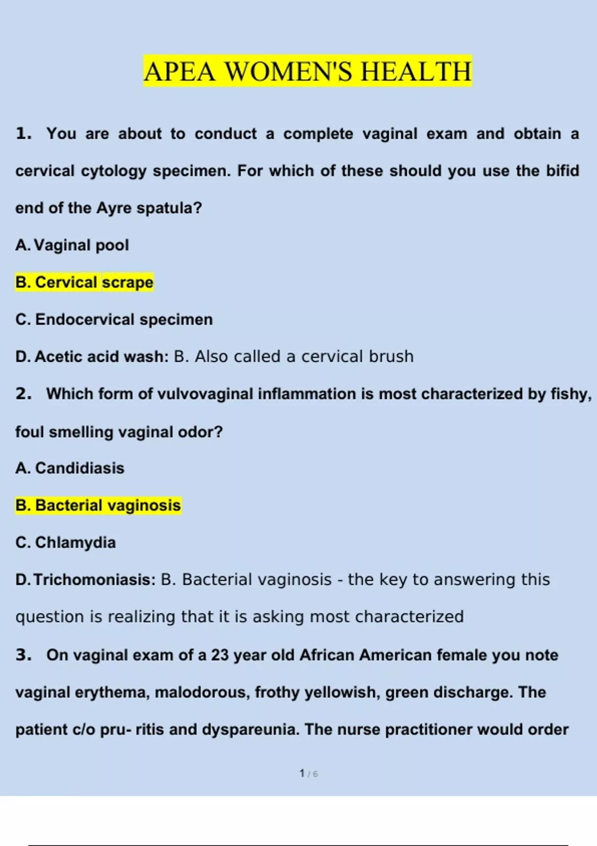 APEA women's health Questions and Answers Updated (2023 / 2024