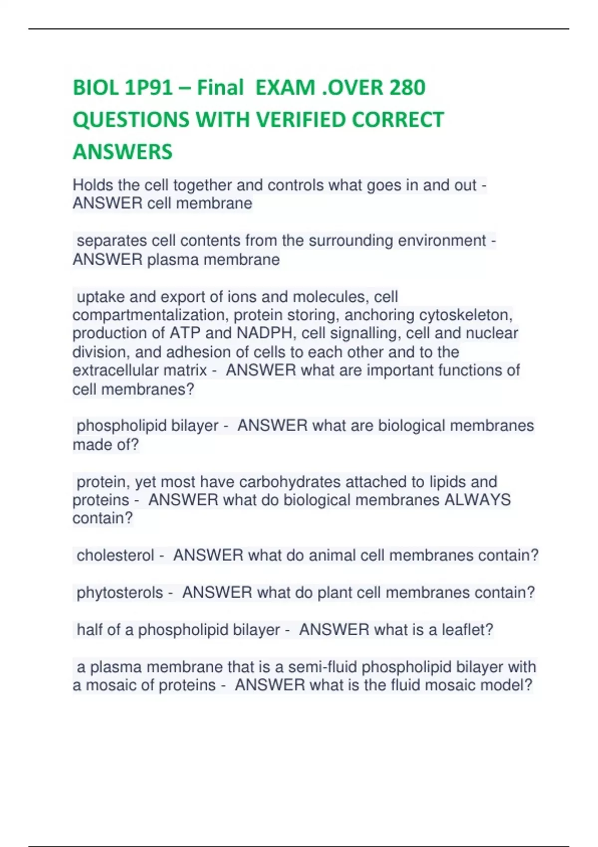 BIOL 1P91 – Final EXAM .OVER 280 QUESTIONS WITH VERIFIED CORRECT ...