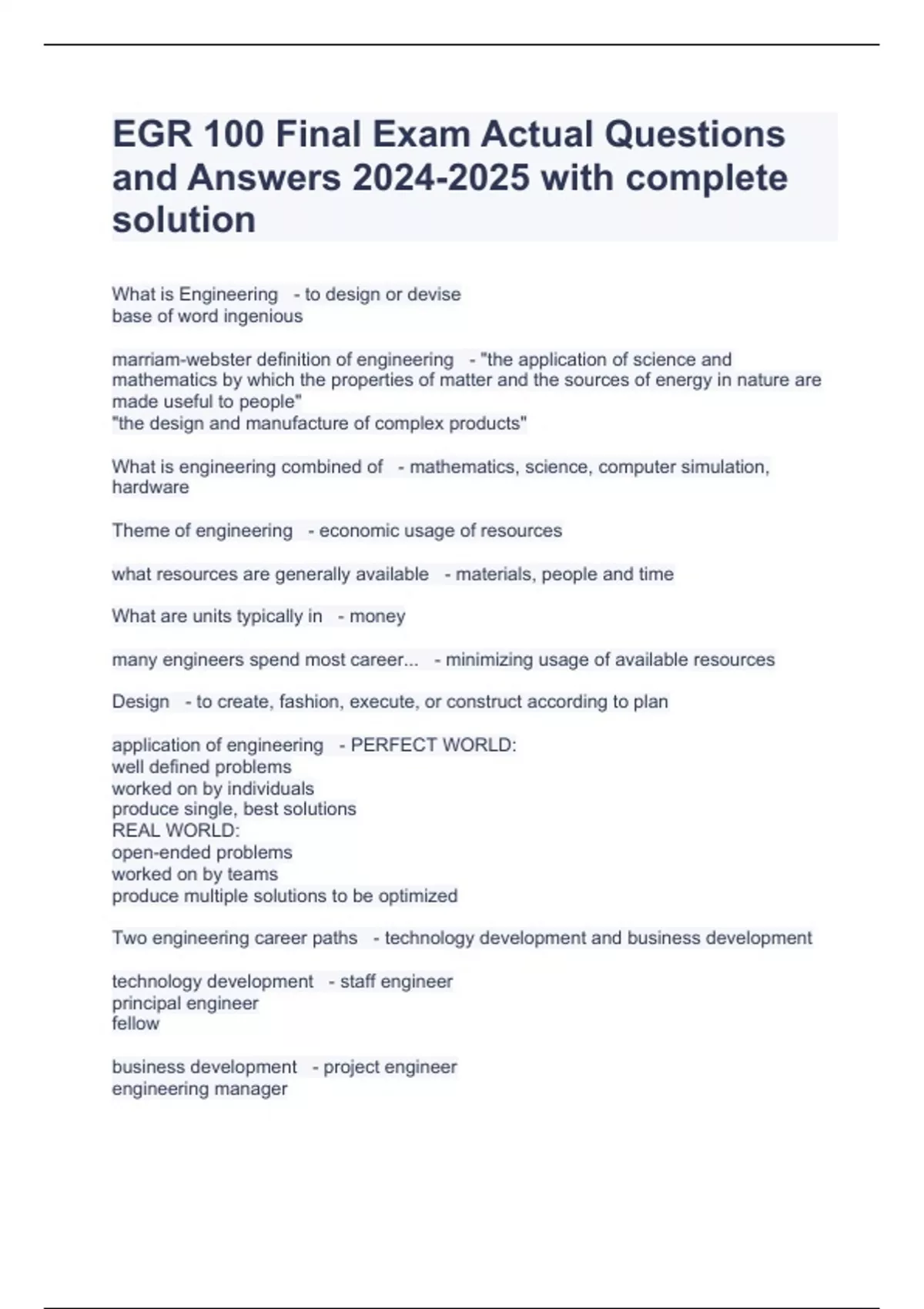 EGR 100 Final Exam Actual Questions and Answers with complete solution ...