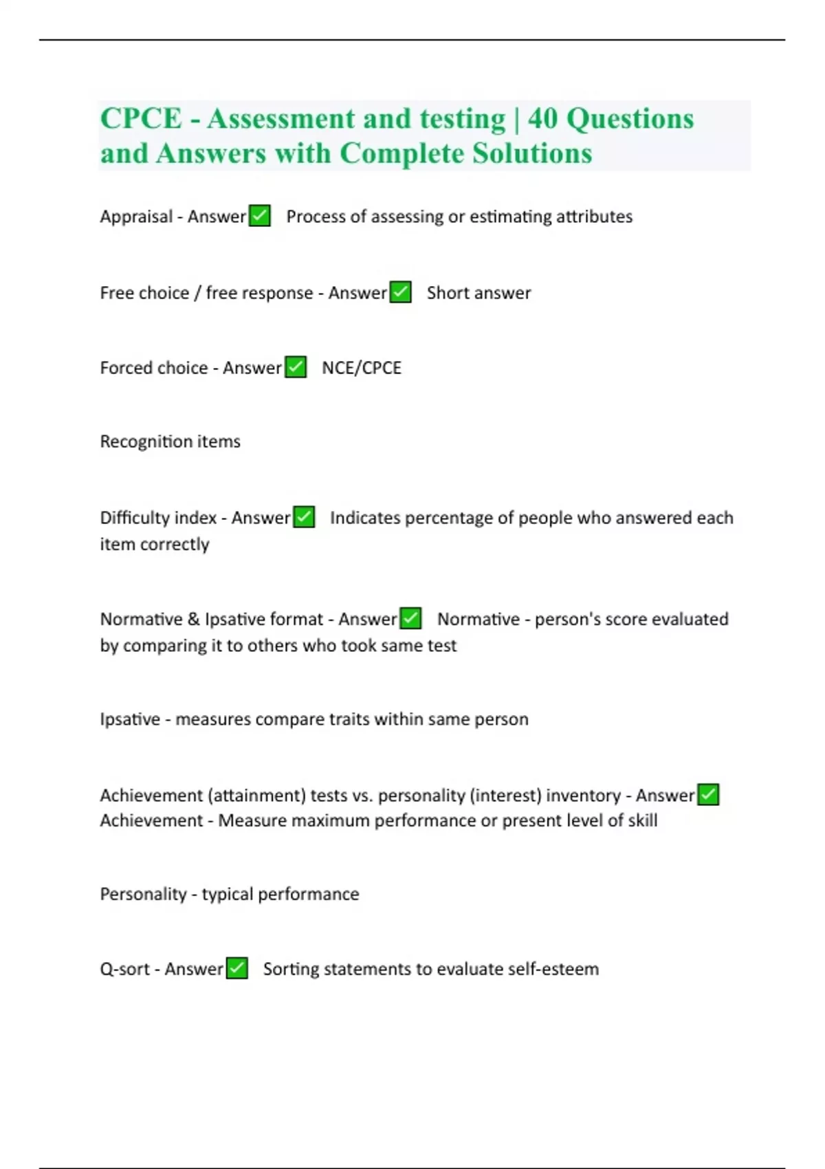 CPCE - Assessment and testing | 40 Questions and Answers with Complete ...