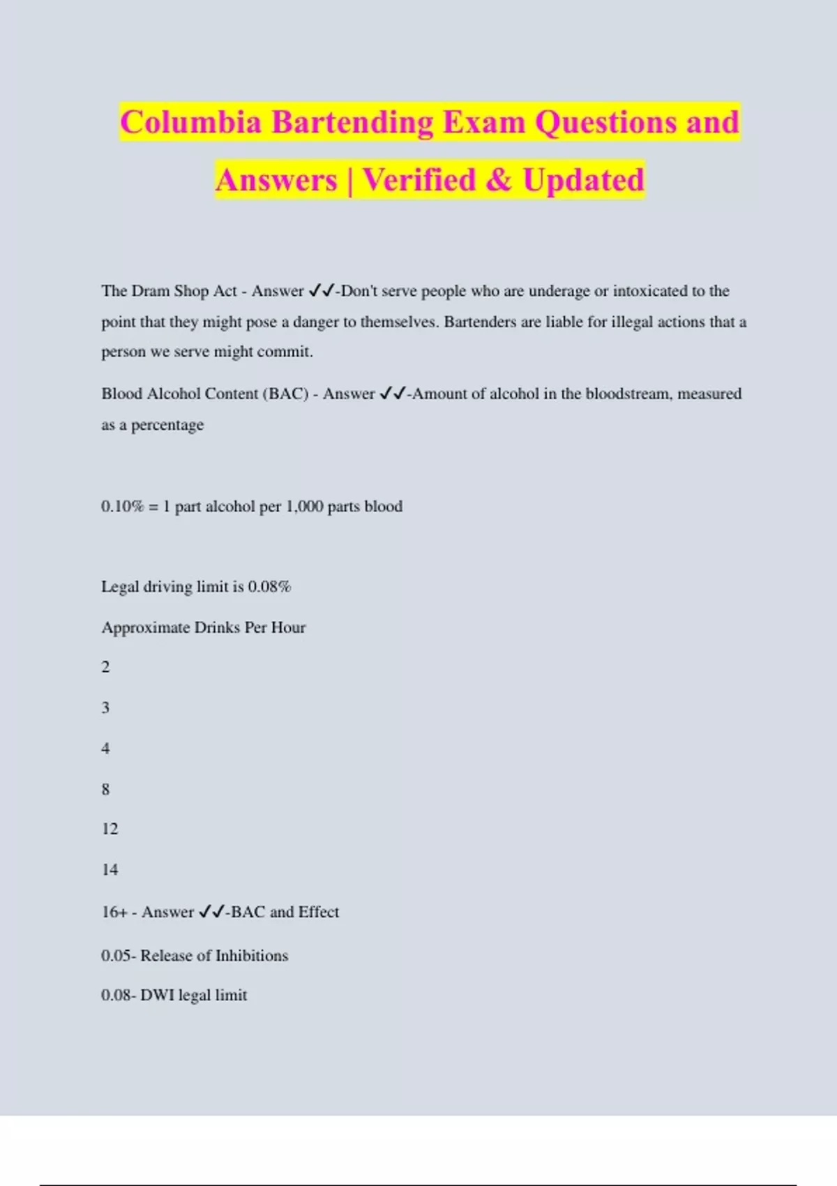 Columbia Bartending Exam Questions and Answers Verified & Updated