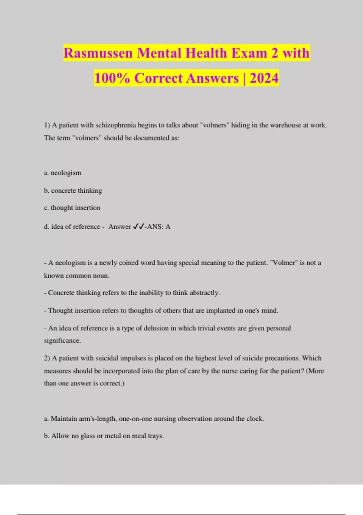 Rasmussen Mental Health Exam 2 with 100 Correct Answers 2024