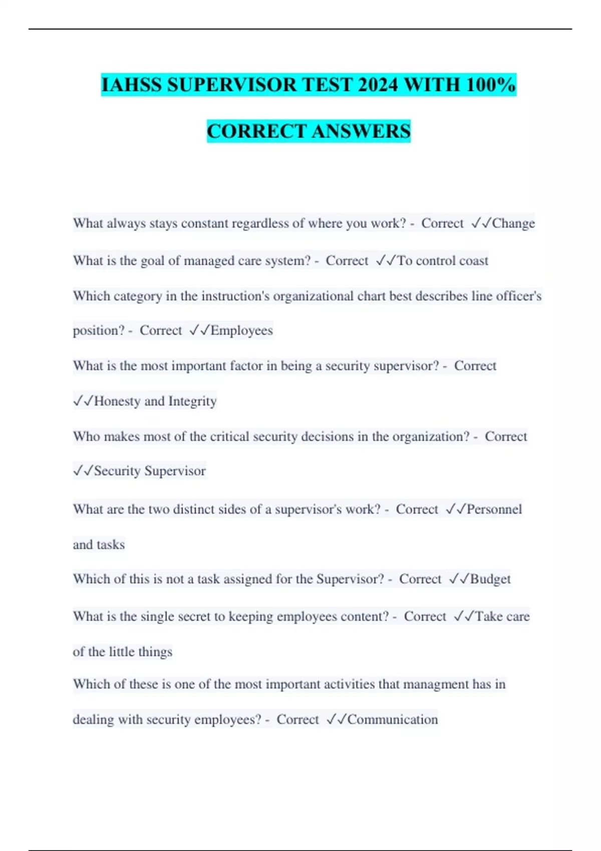 IAHSS SUPERVISOR TEST 2024 WITH 100 CORRECT ANSWERS IAHSS Stuvia US
