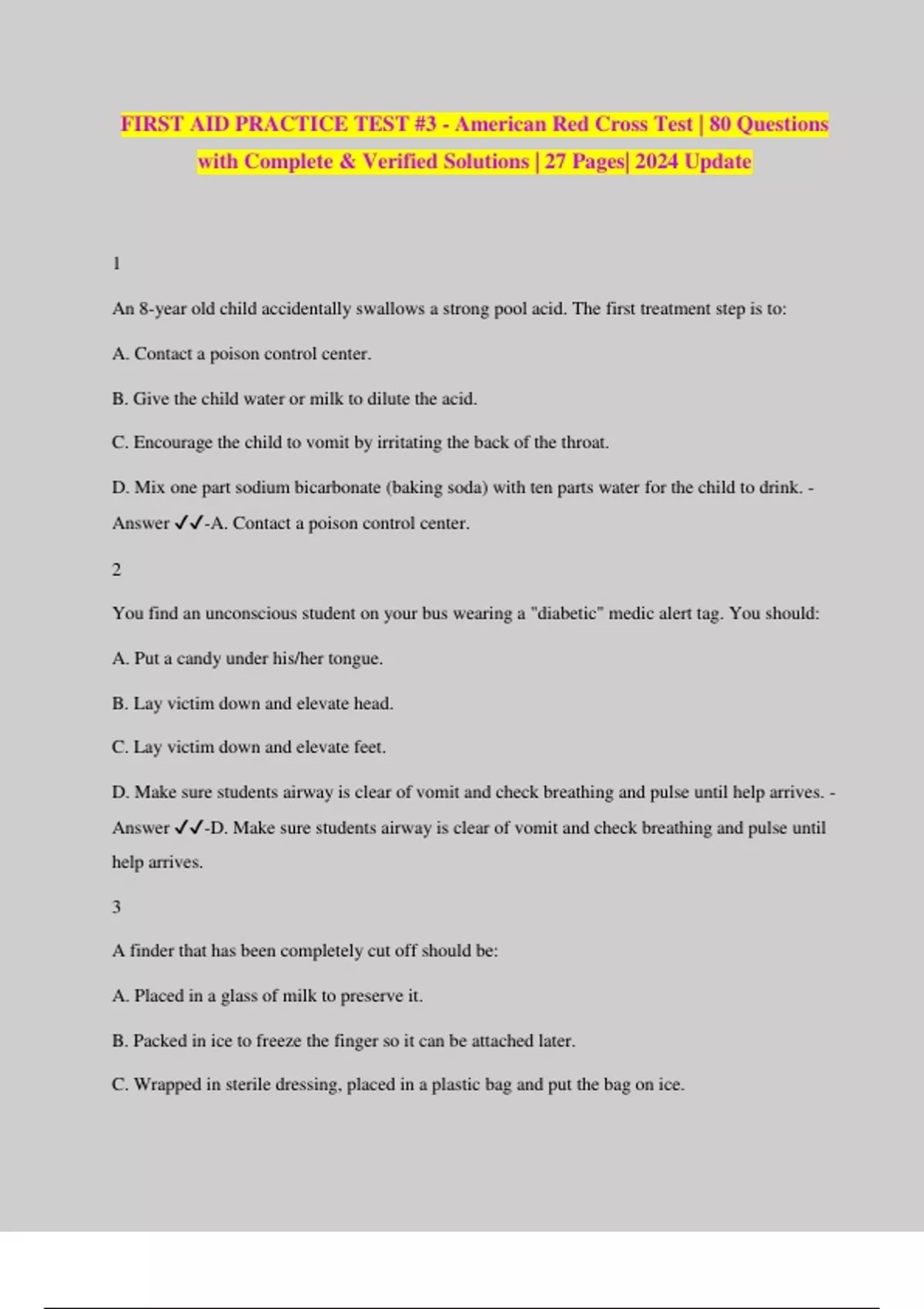 FIRST AID PRACTICE TEST 3 American Red Cross Test 80 Questions