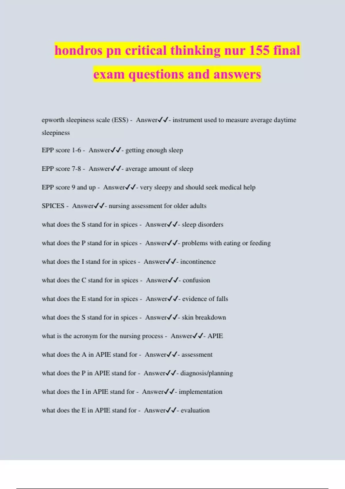 hondros pn critical thinking nur 155 final exam questions and answers ...