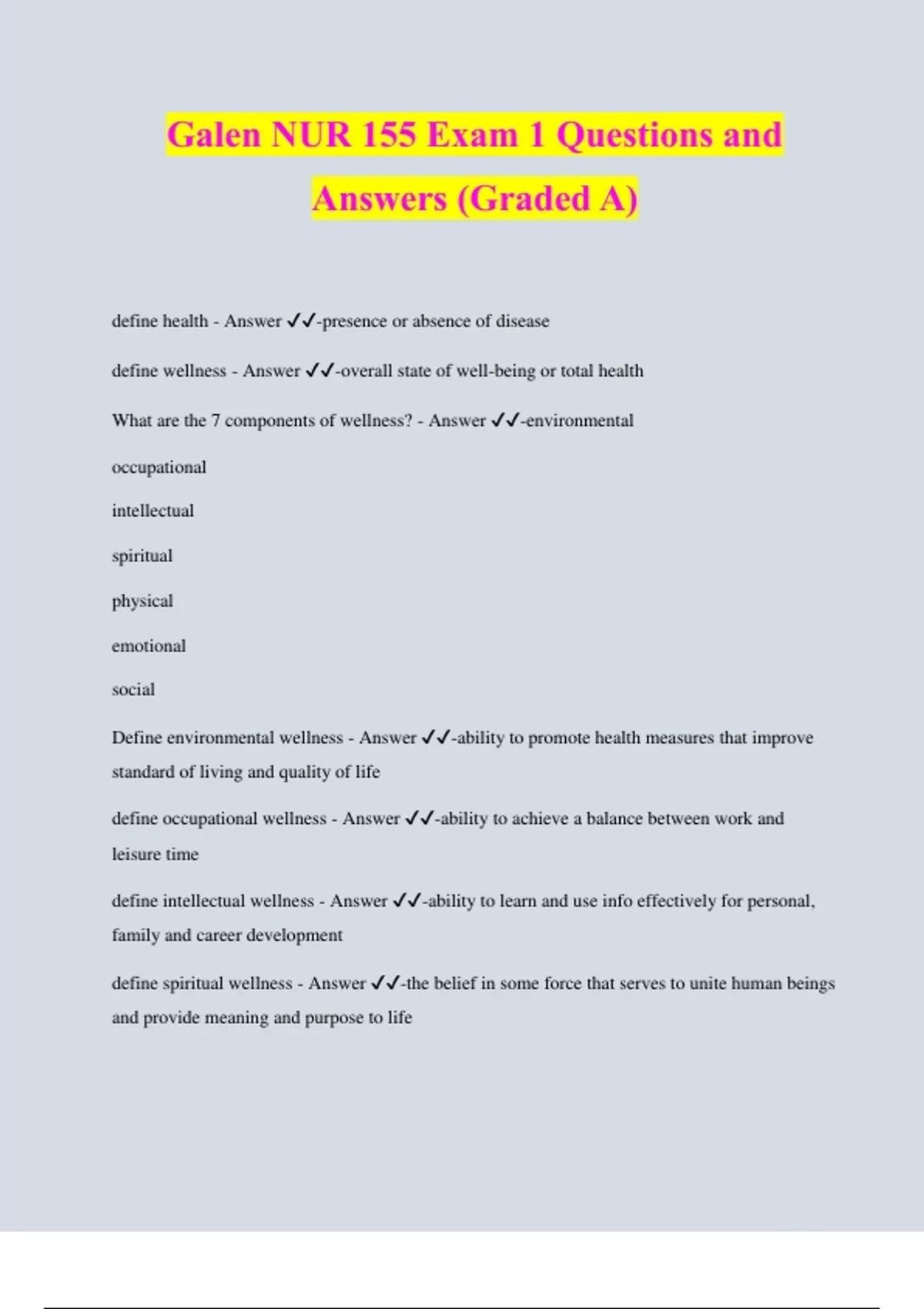 Galen NUR 155 Exam 1 Questions and Answers (Graded A) - NUR 155 - Stuvia US