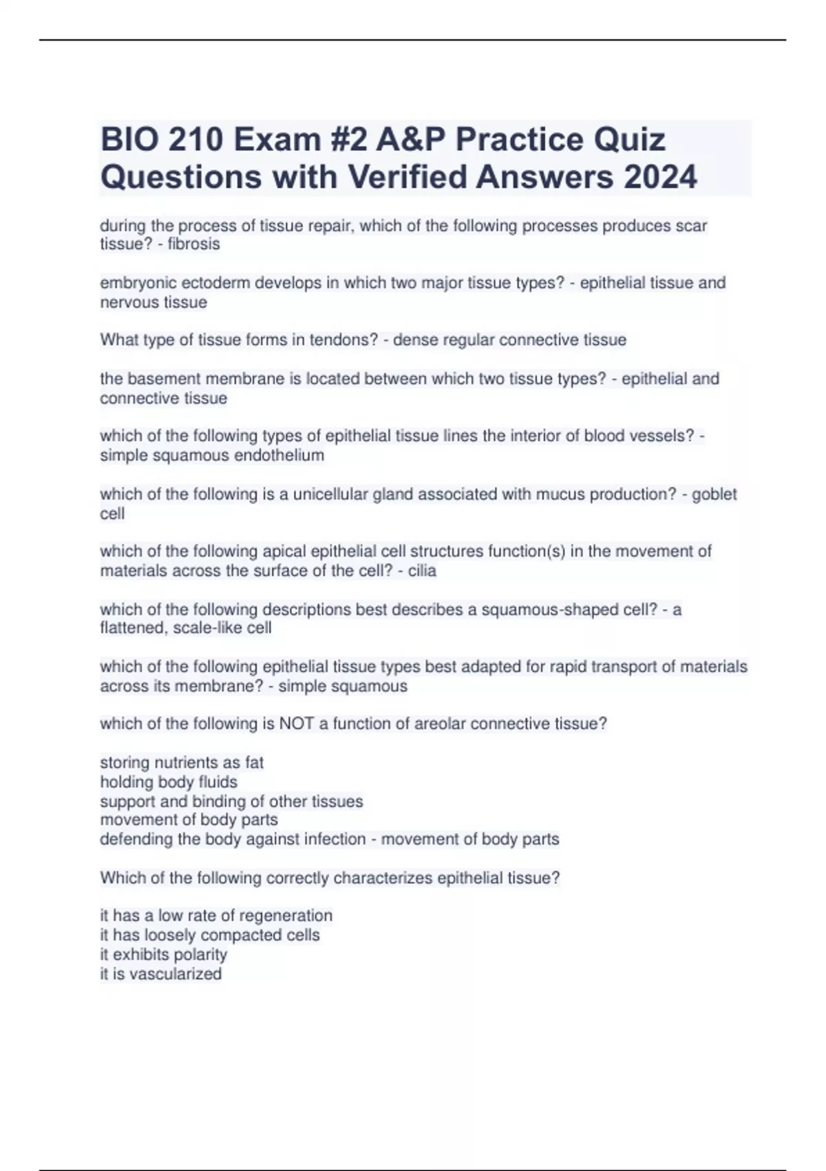 BIO 210 Exam #2 A&P Practice Quiz Questions with Verified Answers 2024 ...