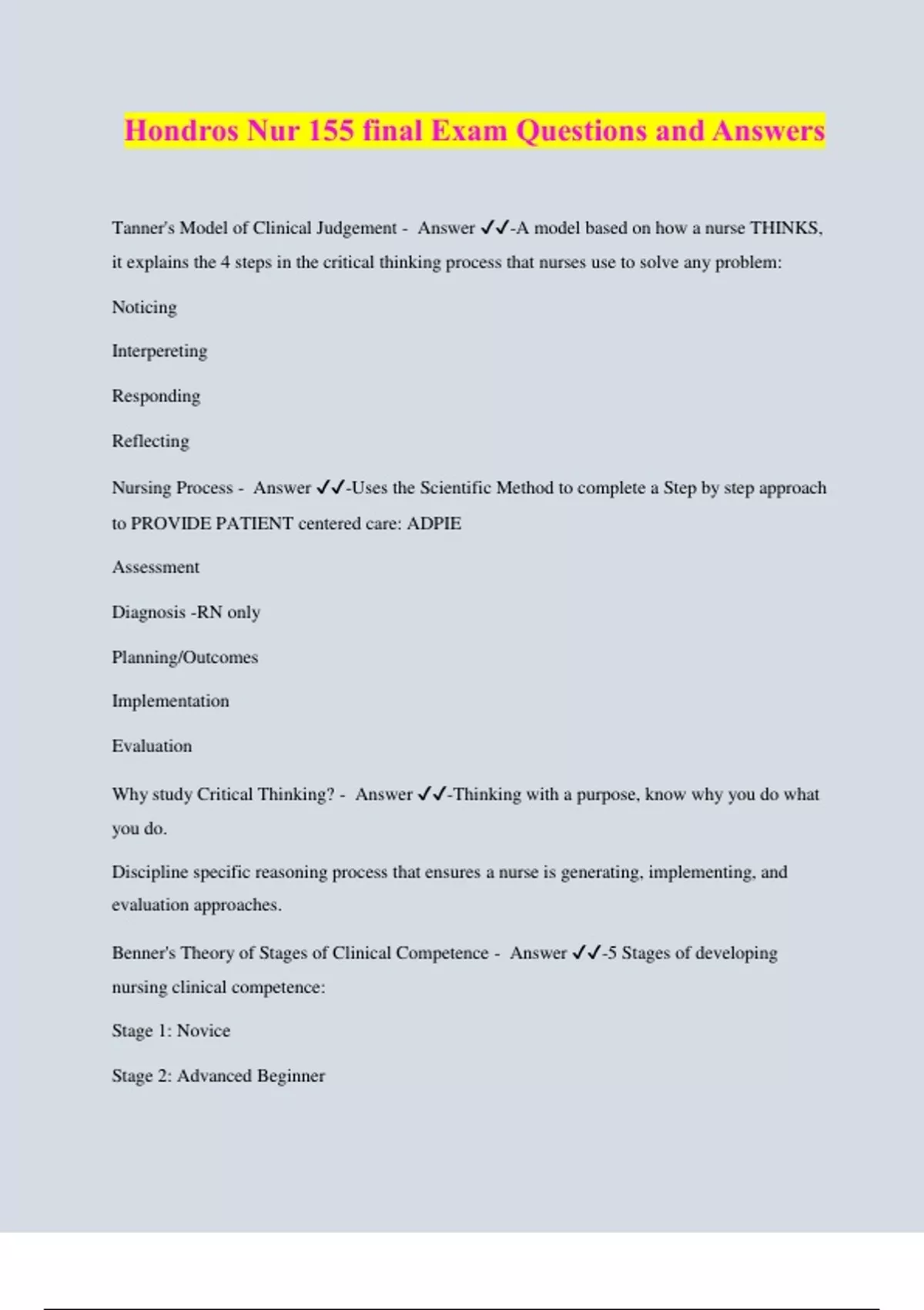 Hondros Nur 155 final Exam Questions and Answers - NUR 155 - Stuvia US