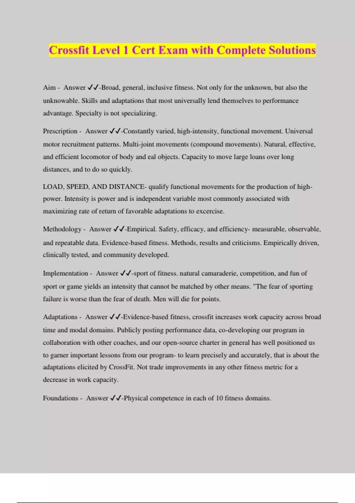 Crossfit Level 1 Cert Exam with Complete Solutions Crossfit Level 1