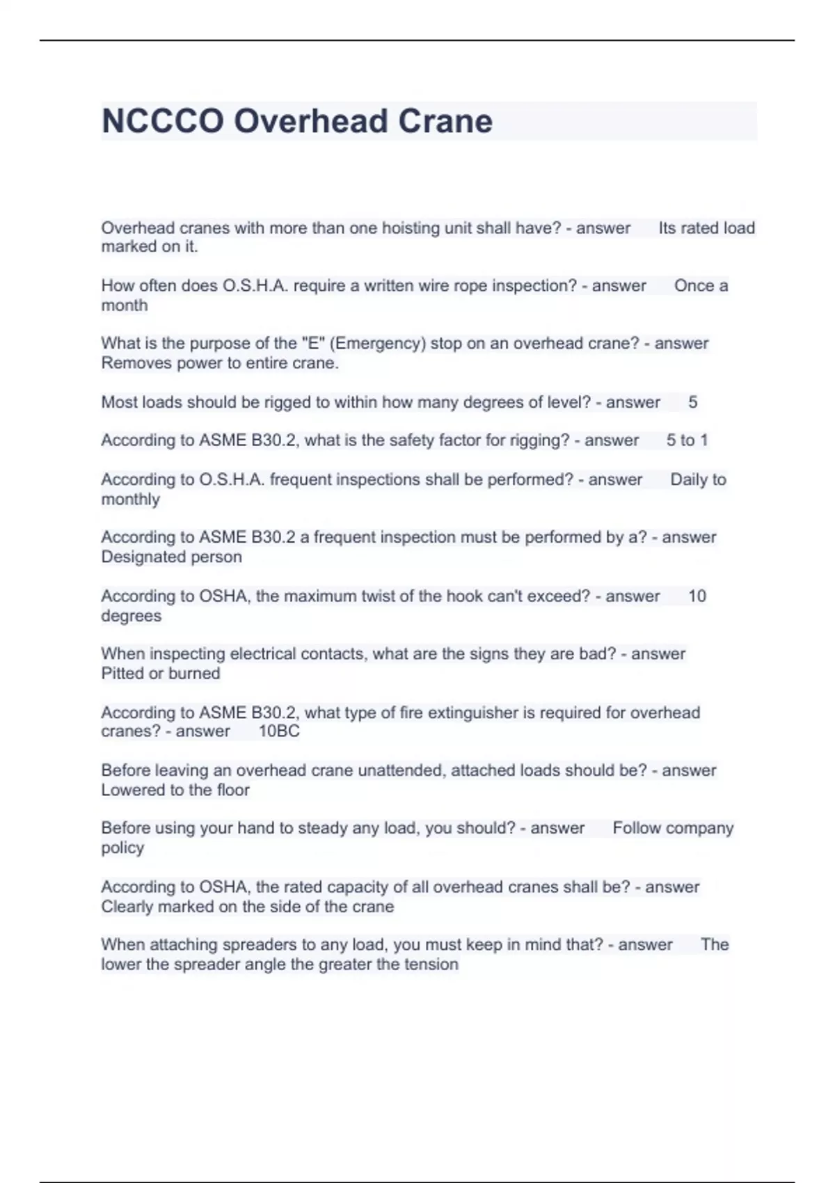 NCCCO Overhead Crane Questions with solutions 2024 Nccco Stuvia US