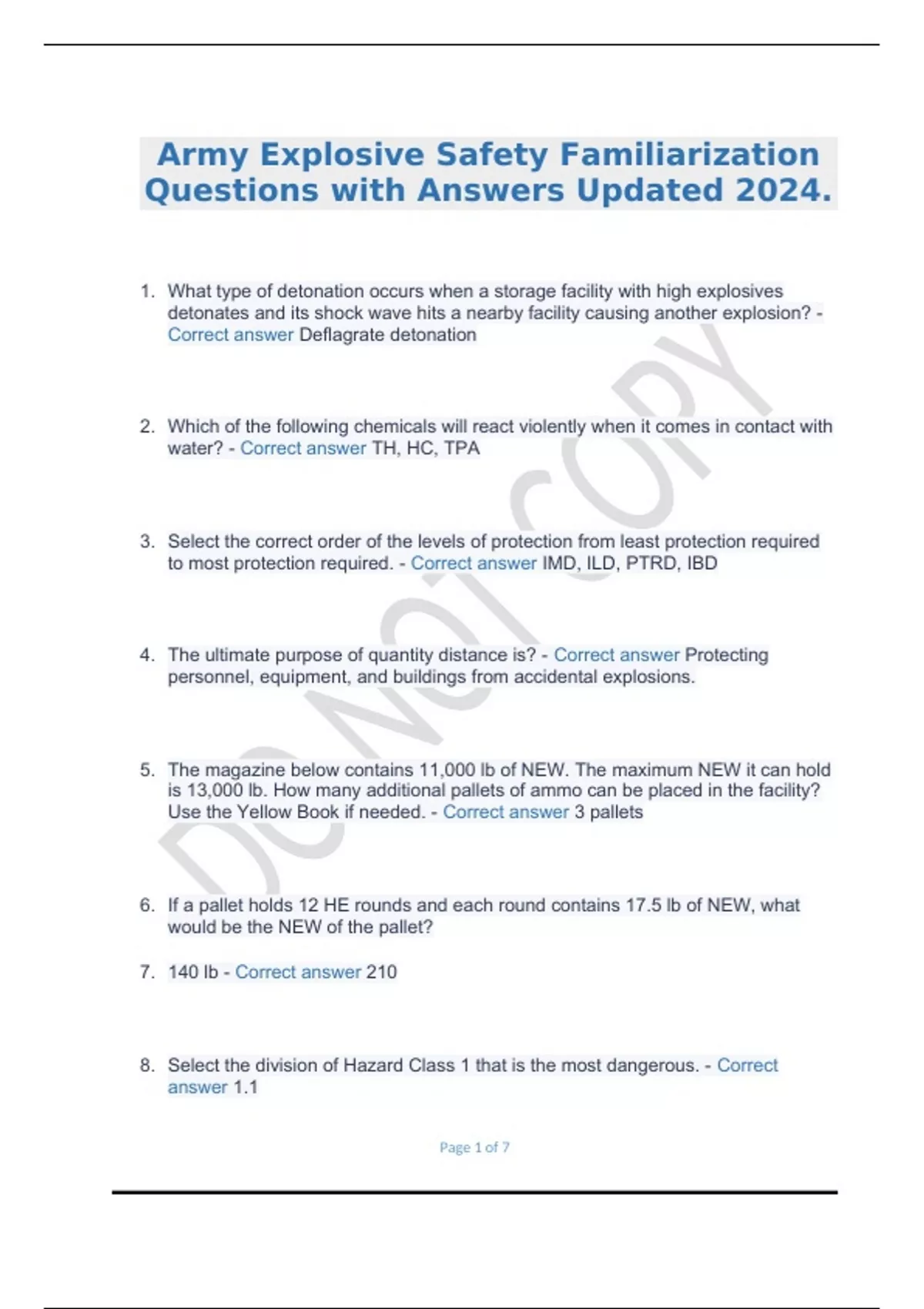 Army Explosive Safety Familiarization Questions with Answers Updated 2024 US Army Explosives