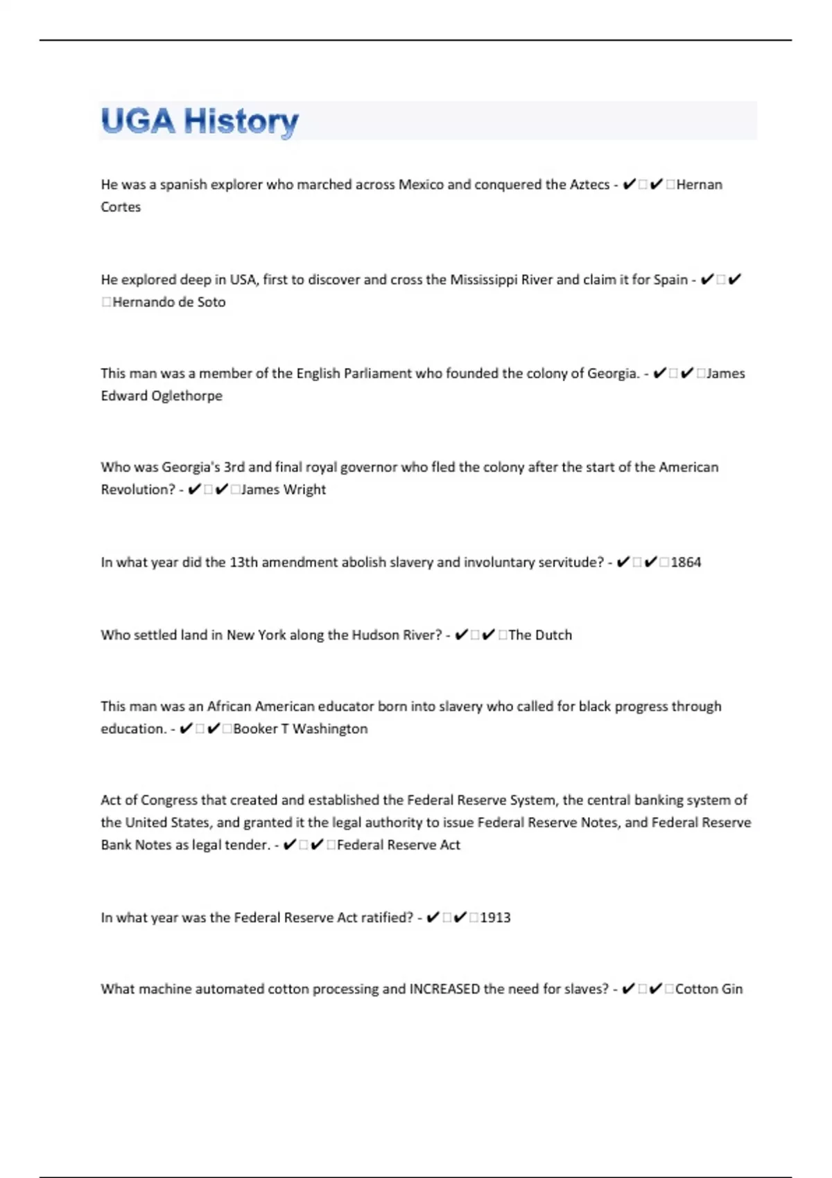 UGA History 272 Questions with 100 Correct Answers Updated