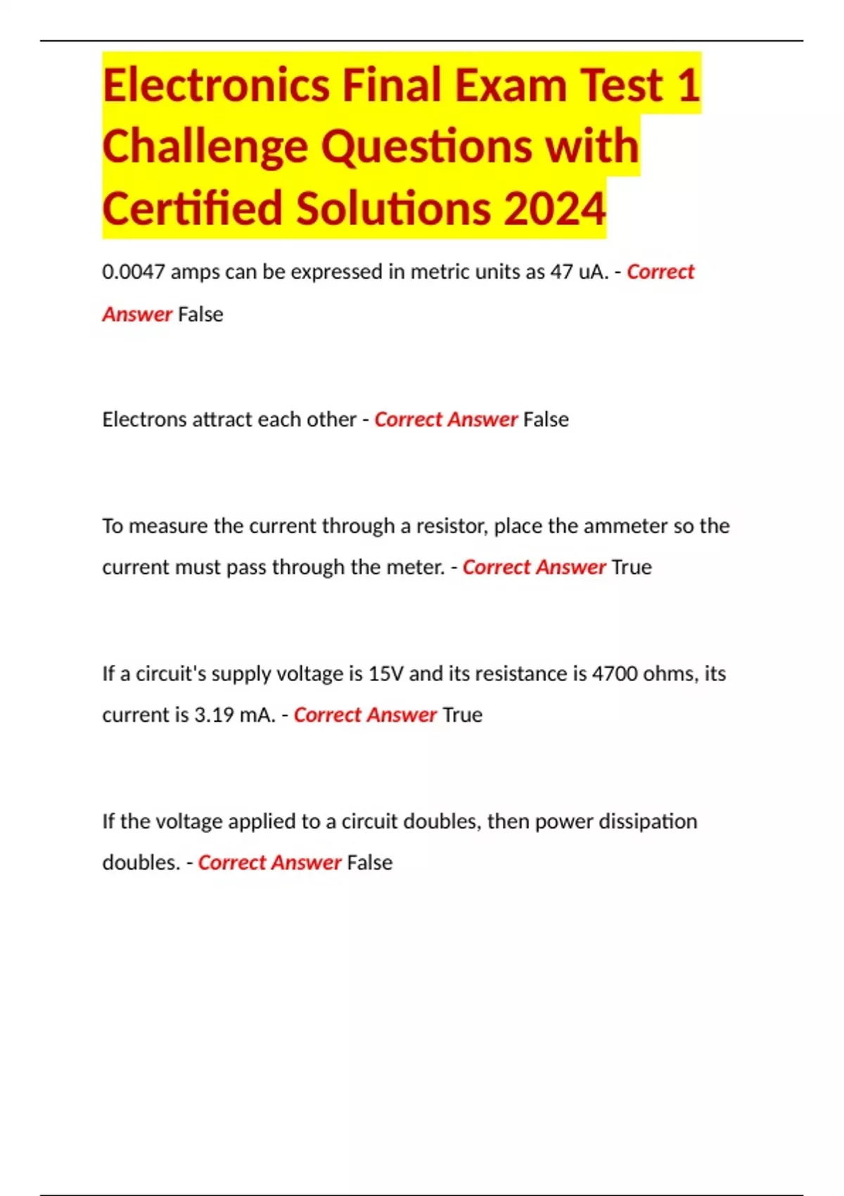 Electronics Final Exam Test 1 Challenge Questions with Certified