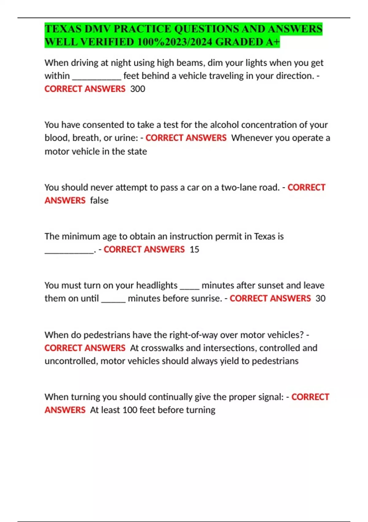 TEXAS DMV PRACTICE QUESTIONS AND ANSWERS WELL VERIFIED 1002023/2024
