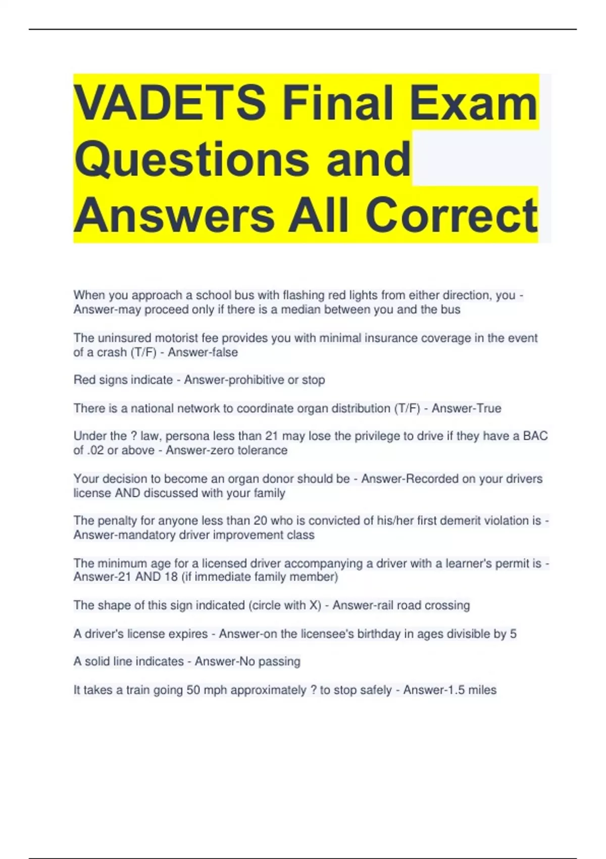 VADETS Final Exam Questions and Answers All Correct VADETS Stuvia US