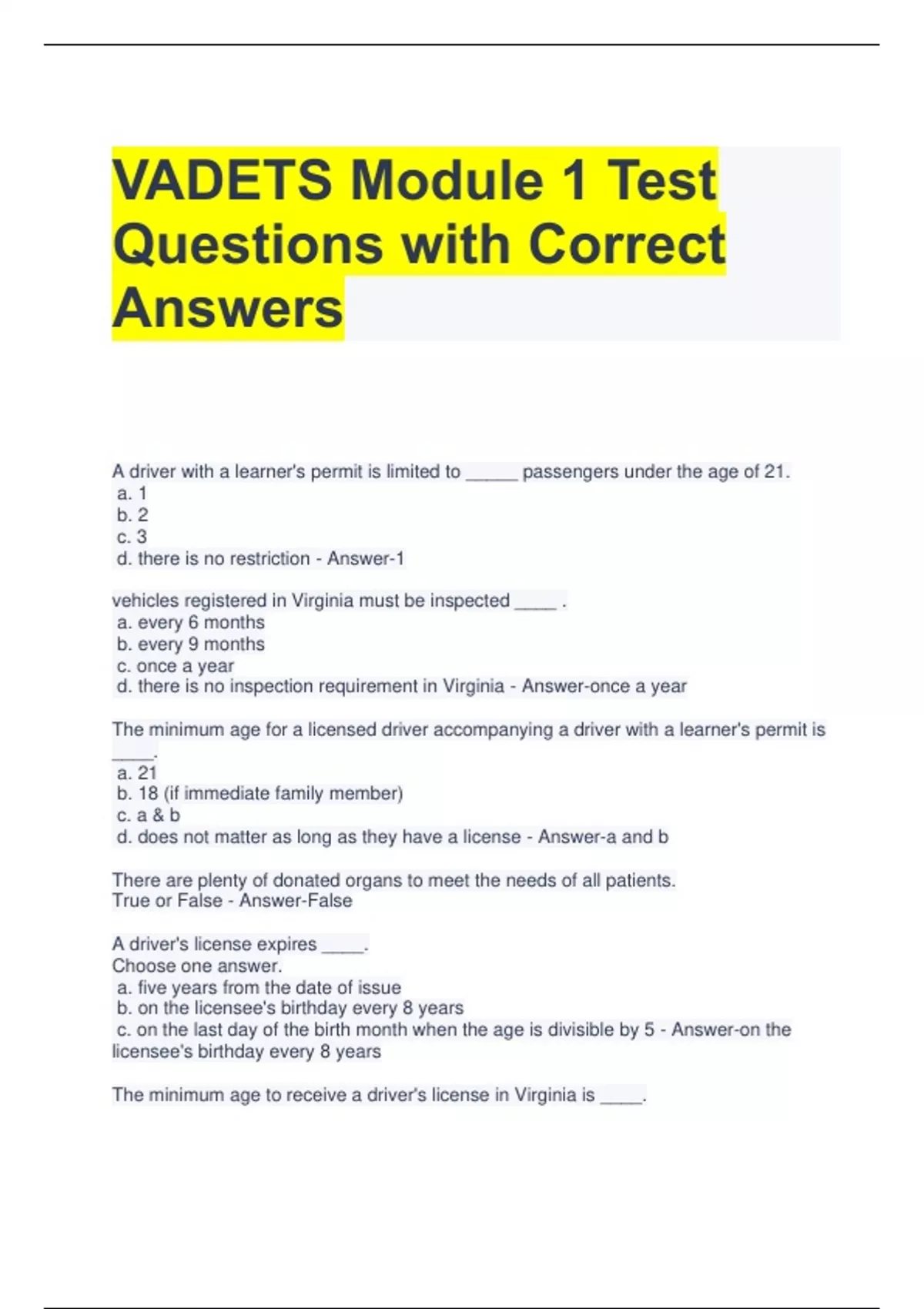 VADETS Module 1 Test Questions with Correct Answers VADETS Stuvia US