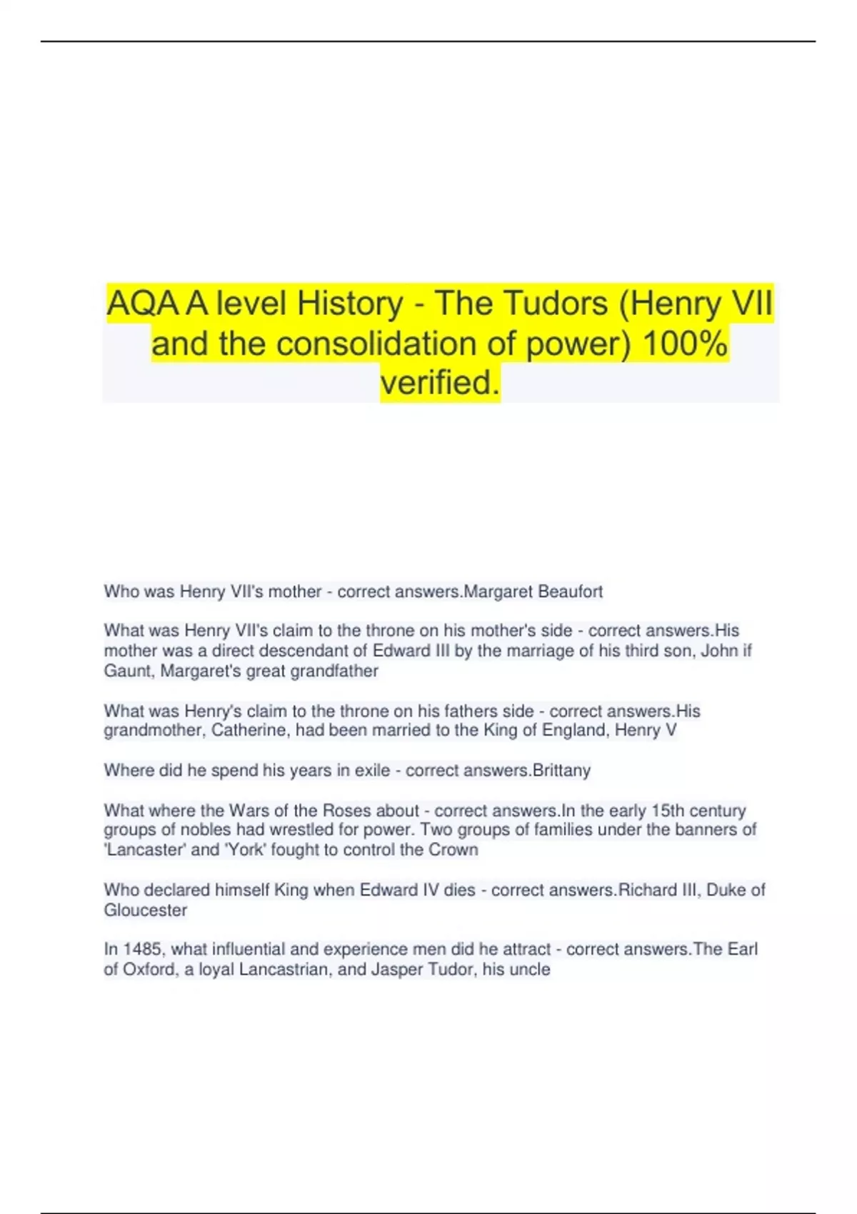 AQA A level History - The Tudors (Henry VII and the consolidation of ...