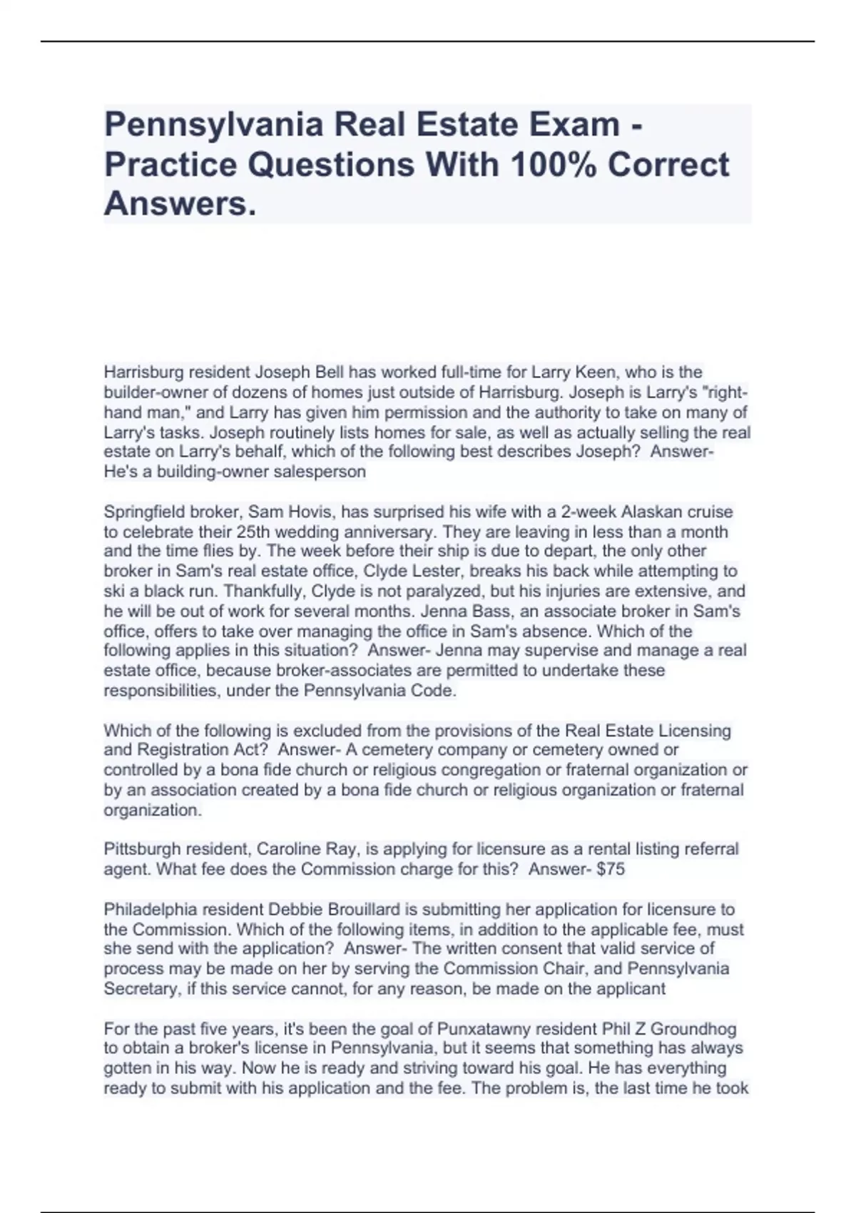 Pennsylvania Real Estate Exam Practice Questions With 100 Correct