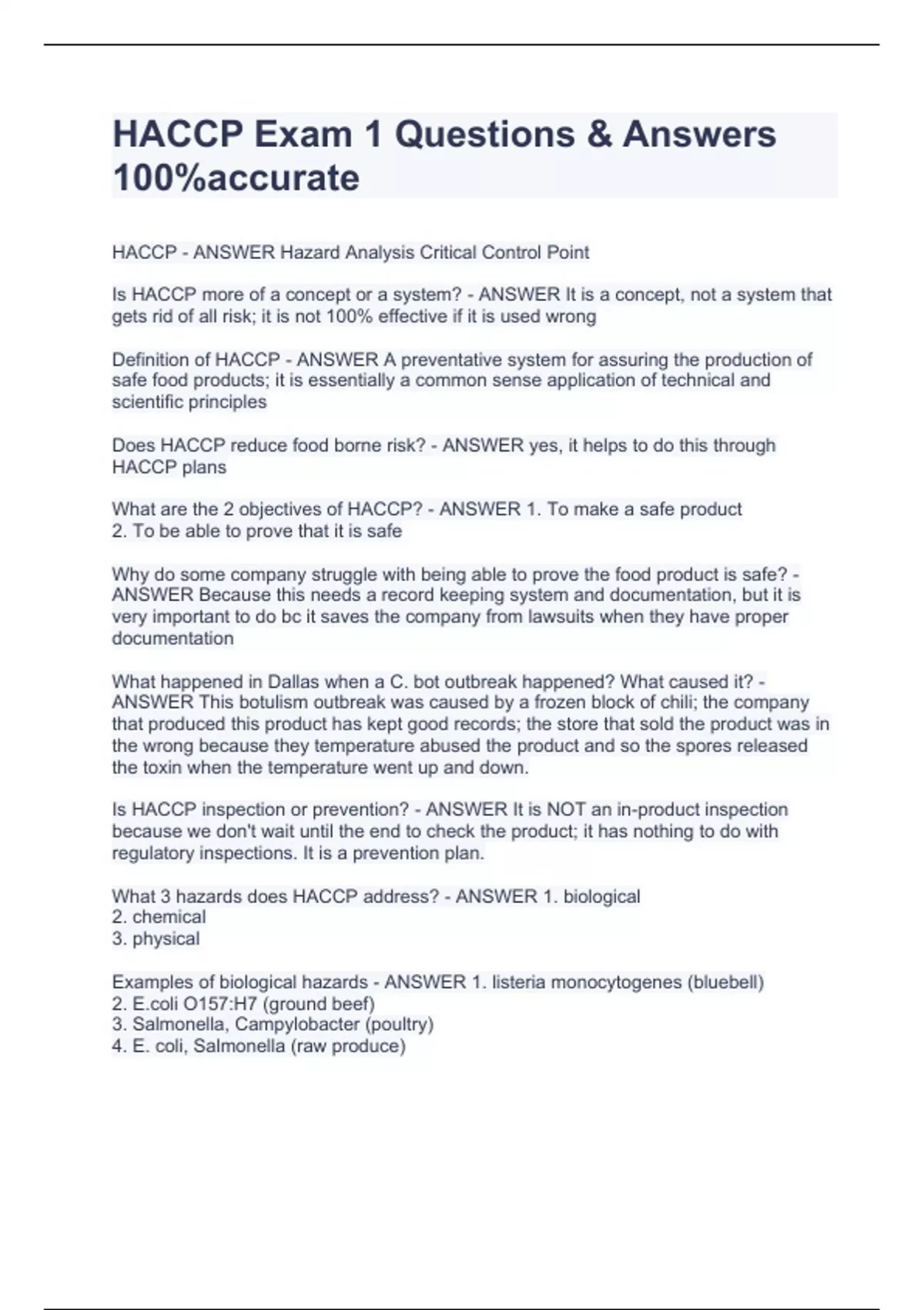 HACCP Exam 1 Questions & Answers 100accurate HACCP Stuvia US