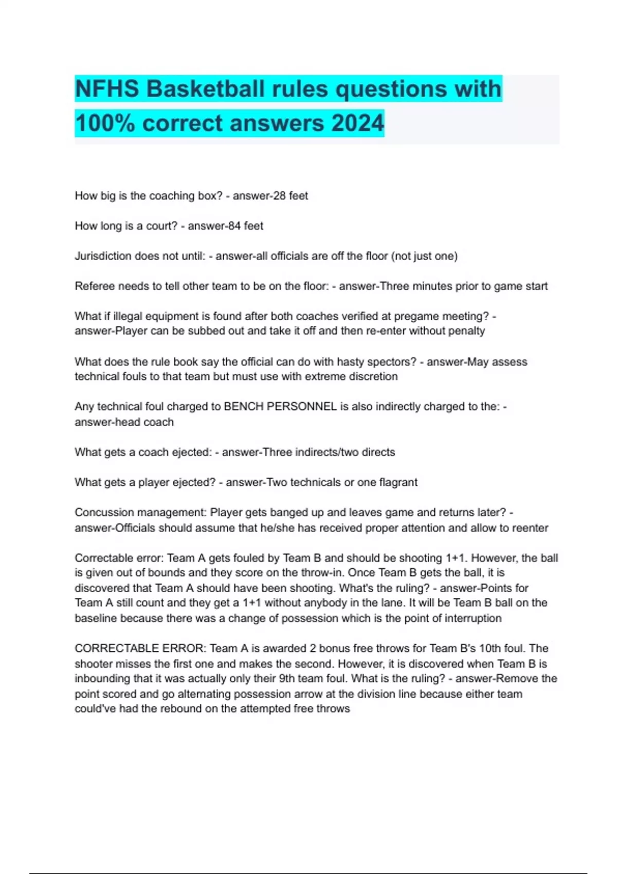 NFHS Basketball rules questions with 100 correct answers 2024 NFHS