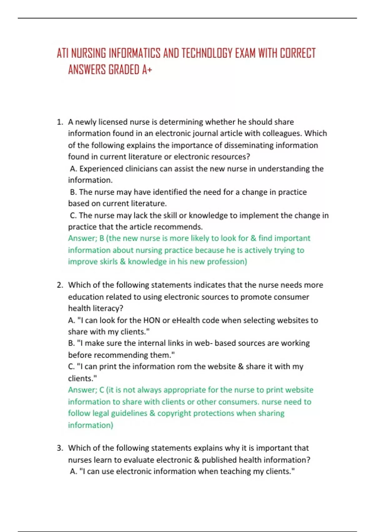 ATI NURSING INFORMATICS AND TECHNOLOGY EXAM WITH CORRECT ANSWERS GRADED ...