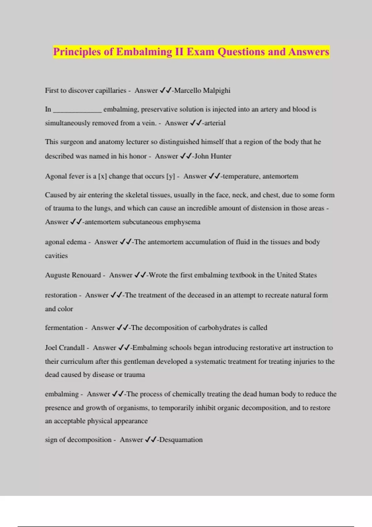 Principles of Embalming II Exam Questions and Answers AAMI Principles