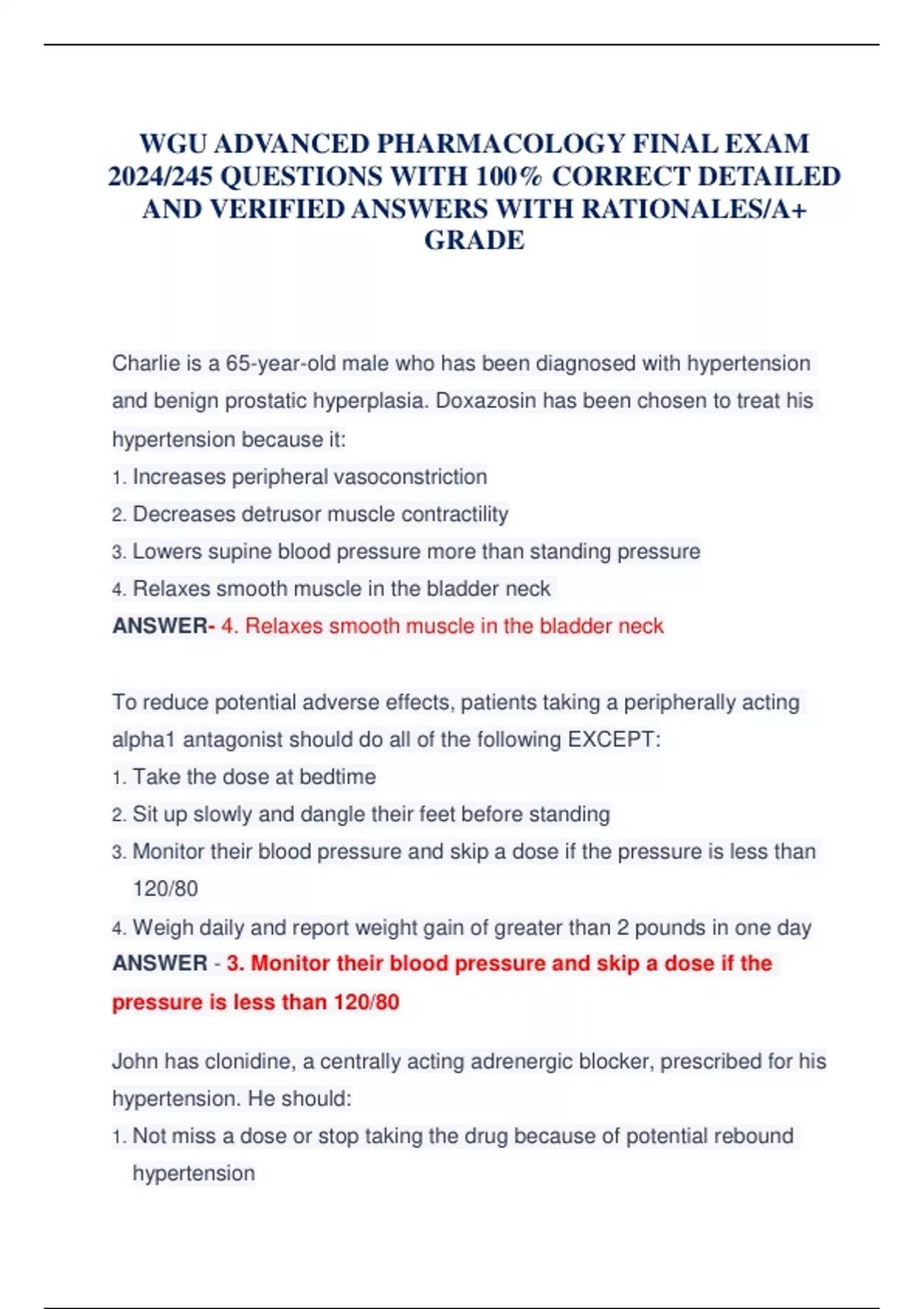 WGU ADVANCED PHARMACOLOGY FINAL EXAM 2024/245 QUESTIONS WITH 100% ...