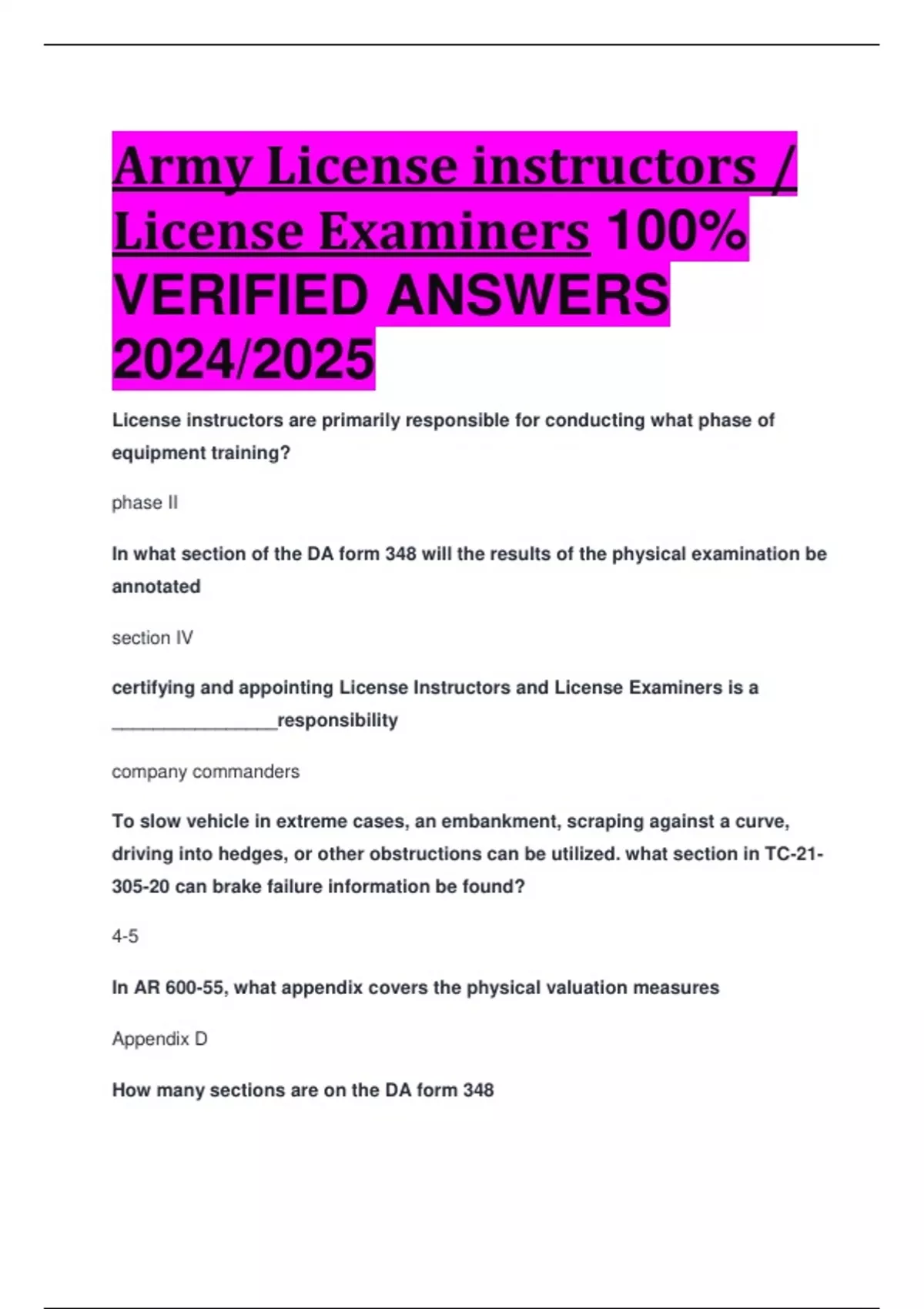Army License instructors / License Examiners 100 VERIFIED ANSWERS 2024