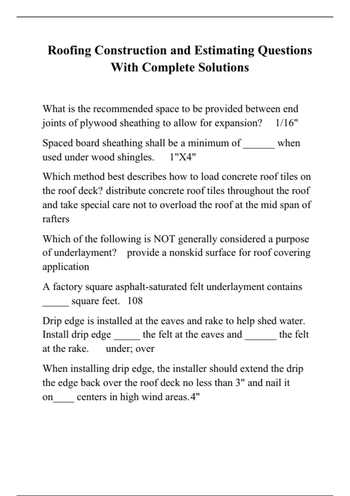 Roofing Construction and Estimating Questions With Complete Solutions