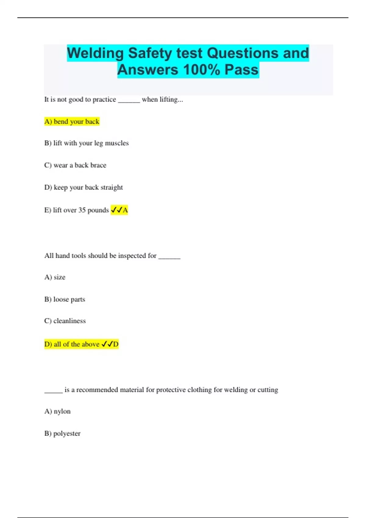 Welding Safety test Questions and Answers 100 Pass Welding Stuvia US