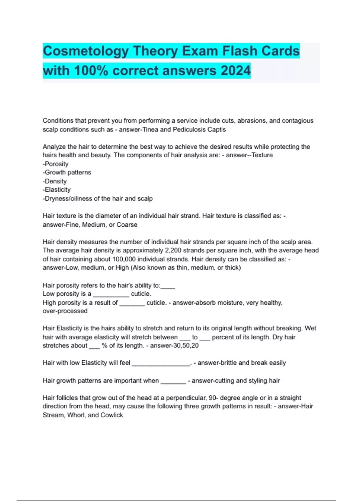 Cosmetology Theory Exam Flash Cards with 100% correct answers 2024 ...