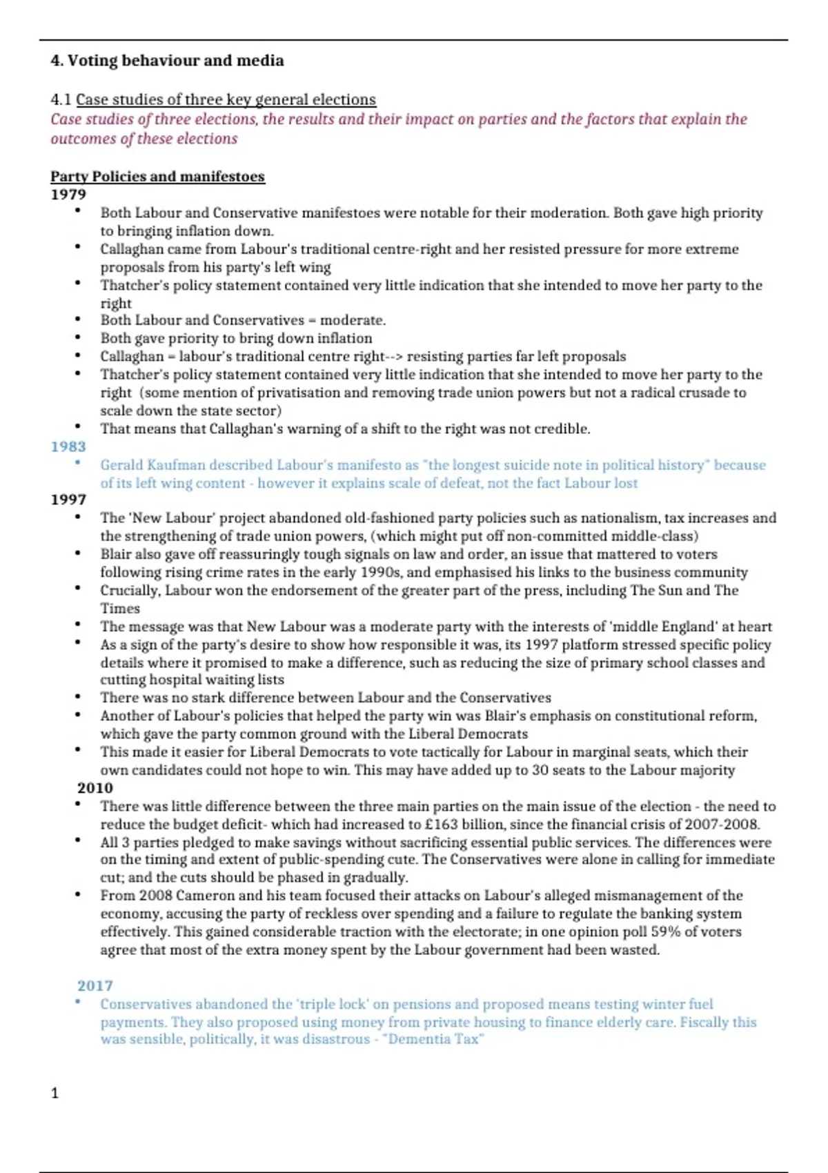 Summary ALevel Edexcel Politics Paper 1 UK Elections revision notes