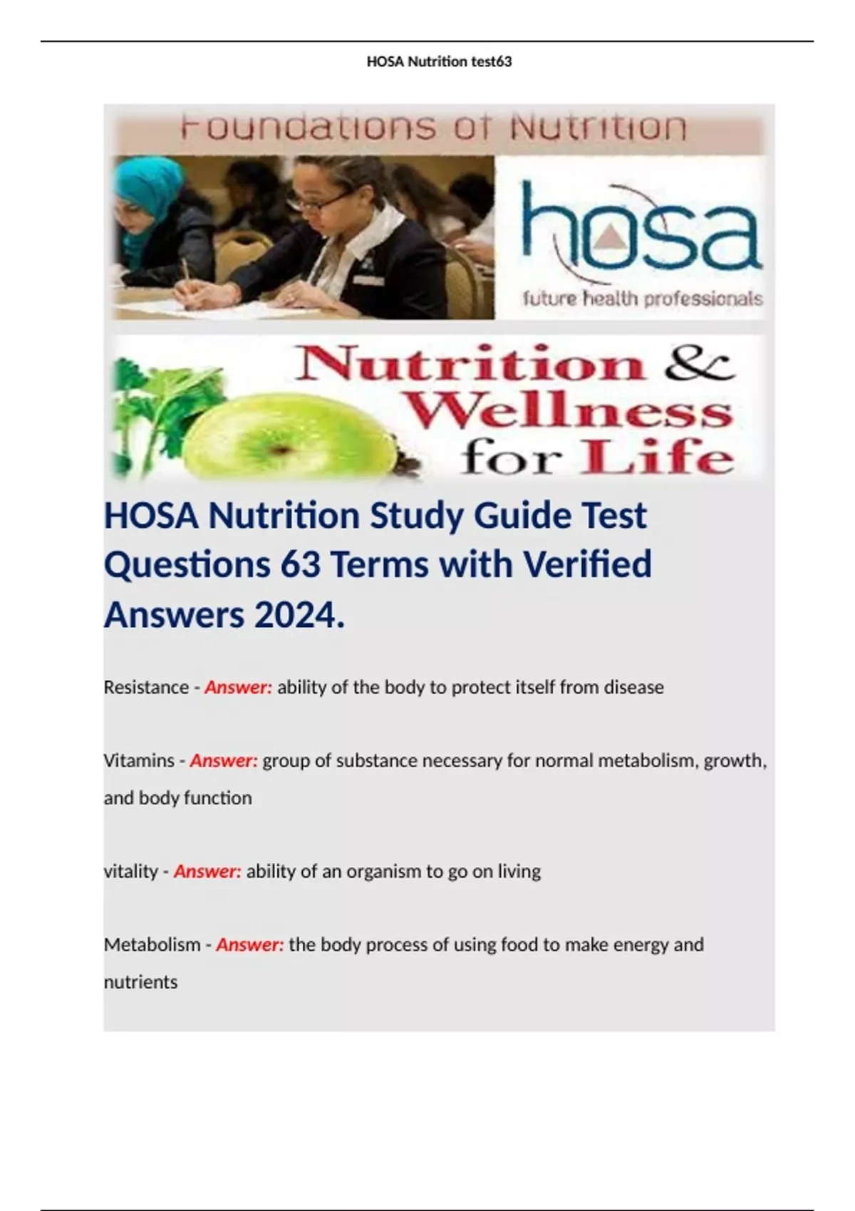 HOSA Nutrition Study Guide Test Questions 63 Terms with Verified