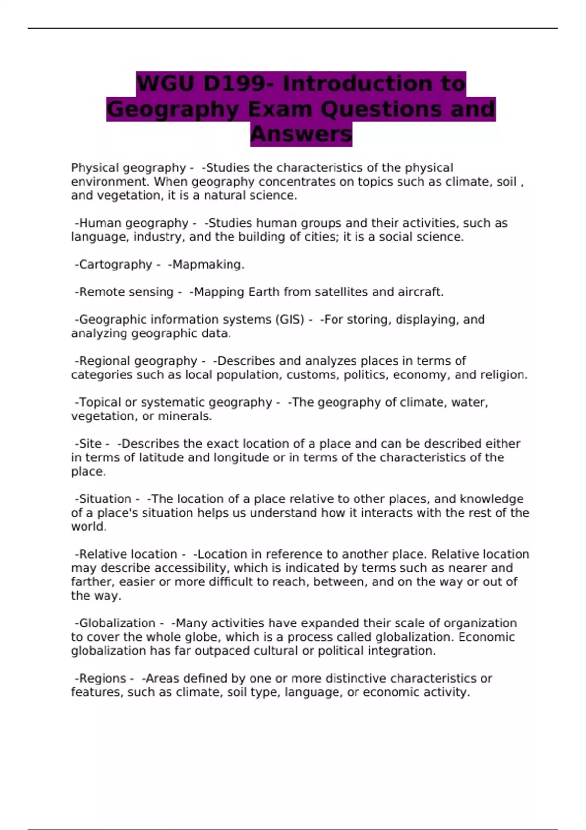 WGU D199 Introduction to Geography Exam Questions and Answers WGU D199 Introduction to