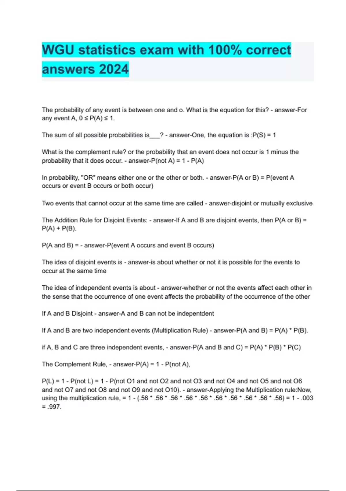 WGU statistics exam with 100% correct answers 2024 - WGU statistics ...