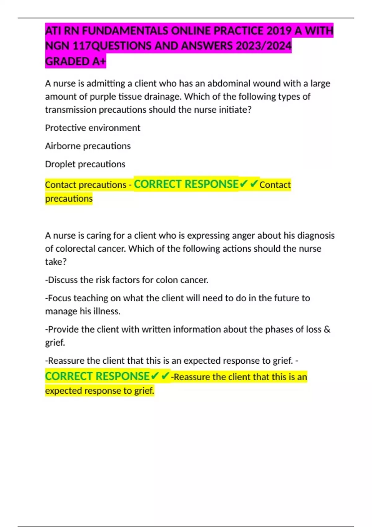 ATI RN FUNDAMENTALS ONLINE PRACTICE 2019 A WITH NGN 117QUESTIONS AND ...