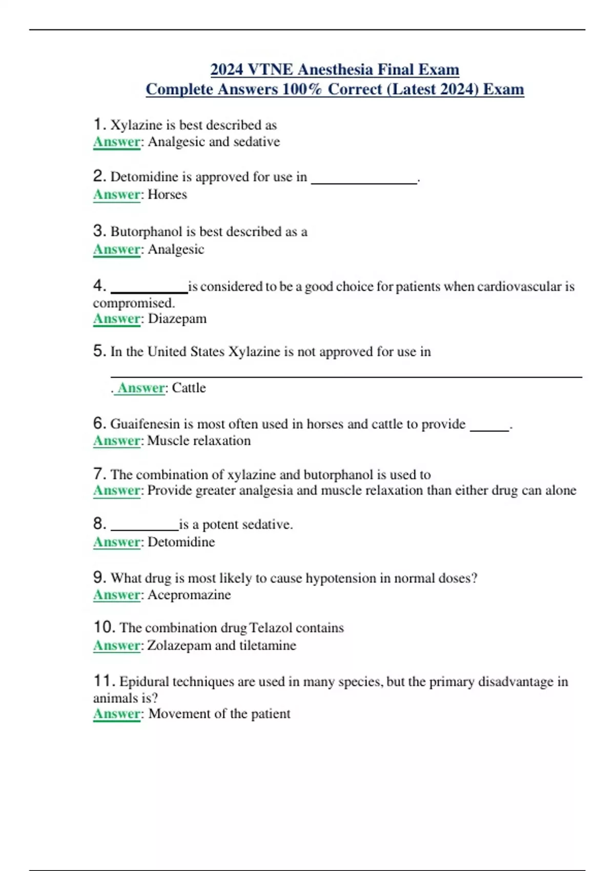 2024 VTNE Anesthesia Final Exam Complete Answers 100 Correct (Latest