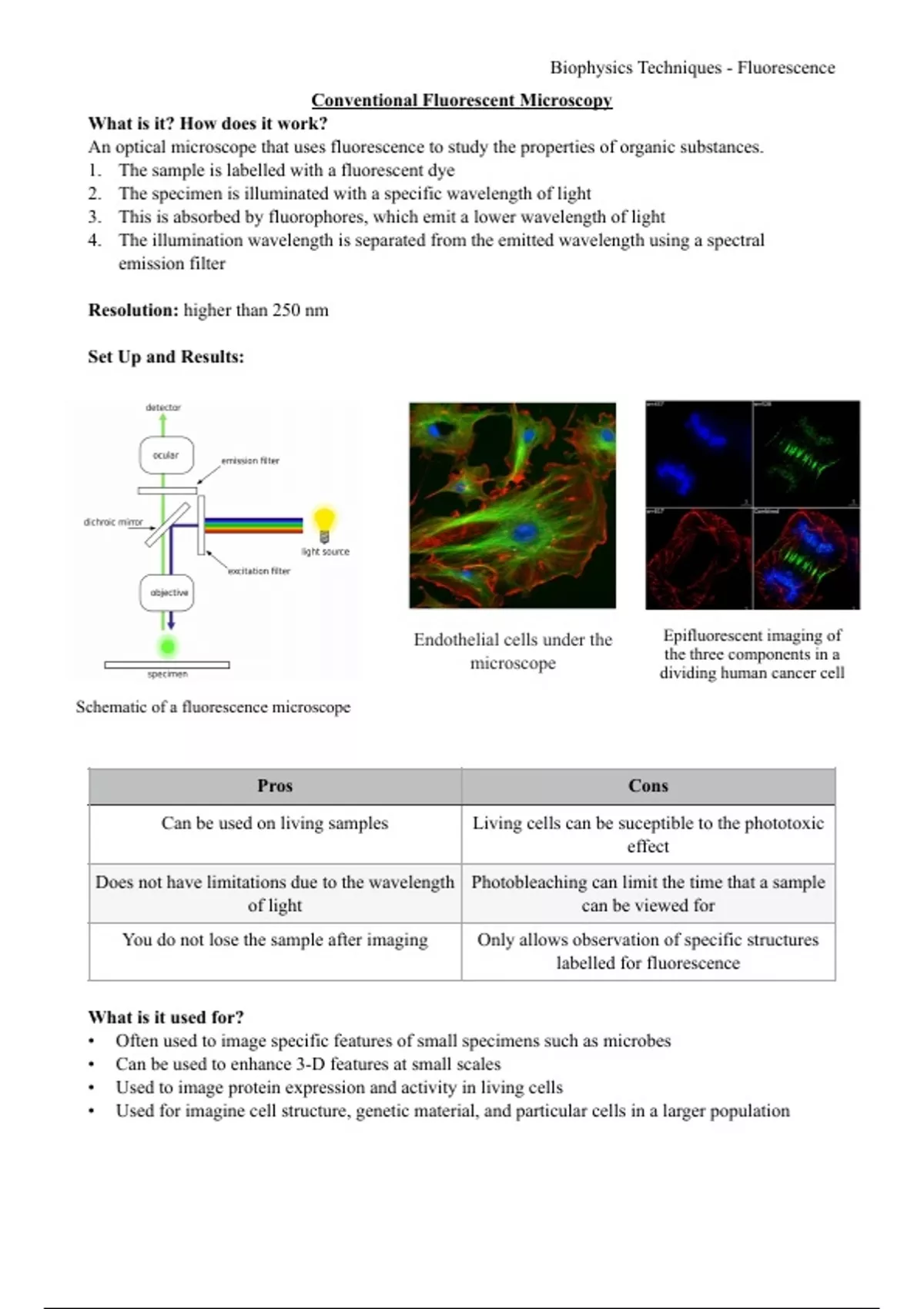 Summary Sheets for Fluorescent Microscopy Techniques Biophysics 321