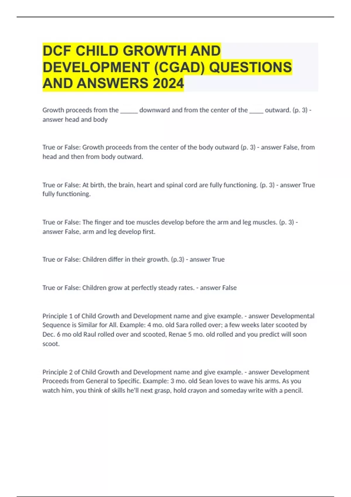 DCF CHILD GROWTH AND DEVELOPMENT (CGAD) QUESTIONS AND ANSWERS 2024 ...