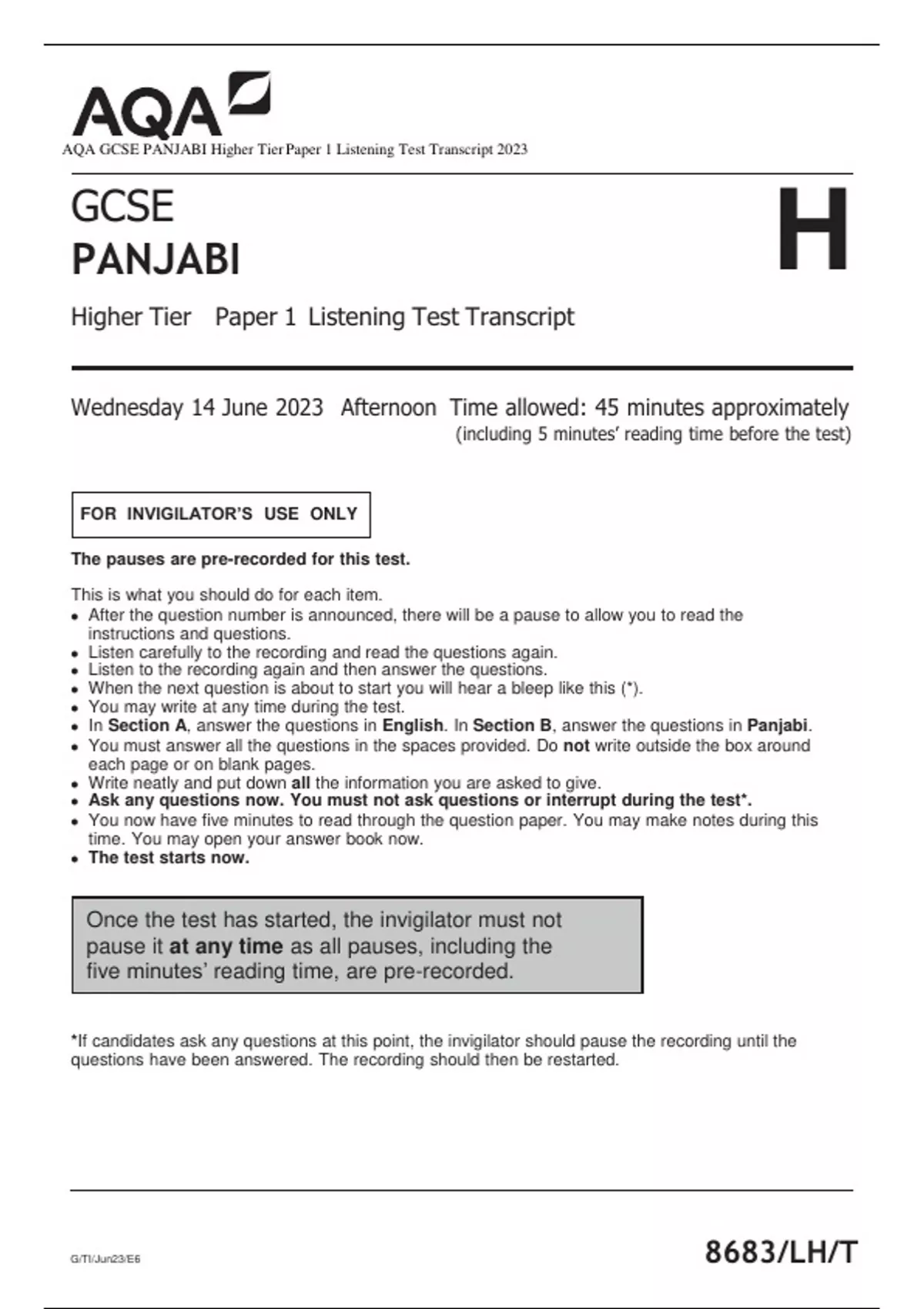 AQA GCSE PANJABI Higher Tier Paper 1 Listening Test Transcript 2023 ...