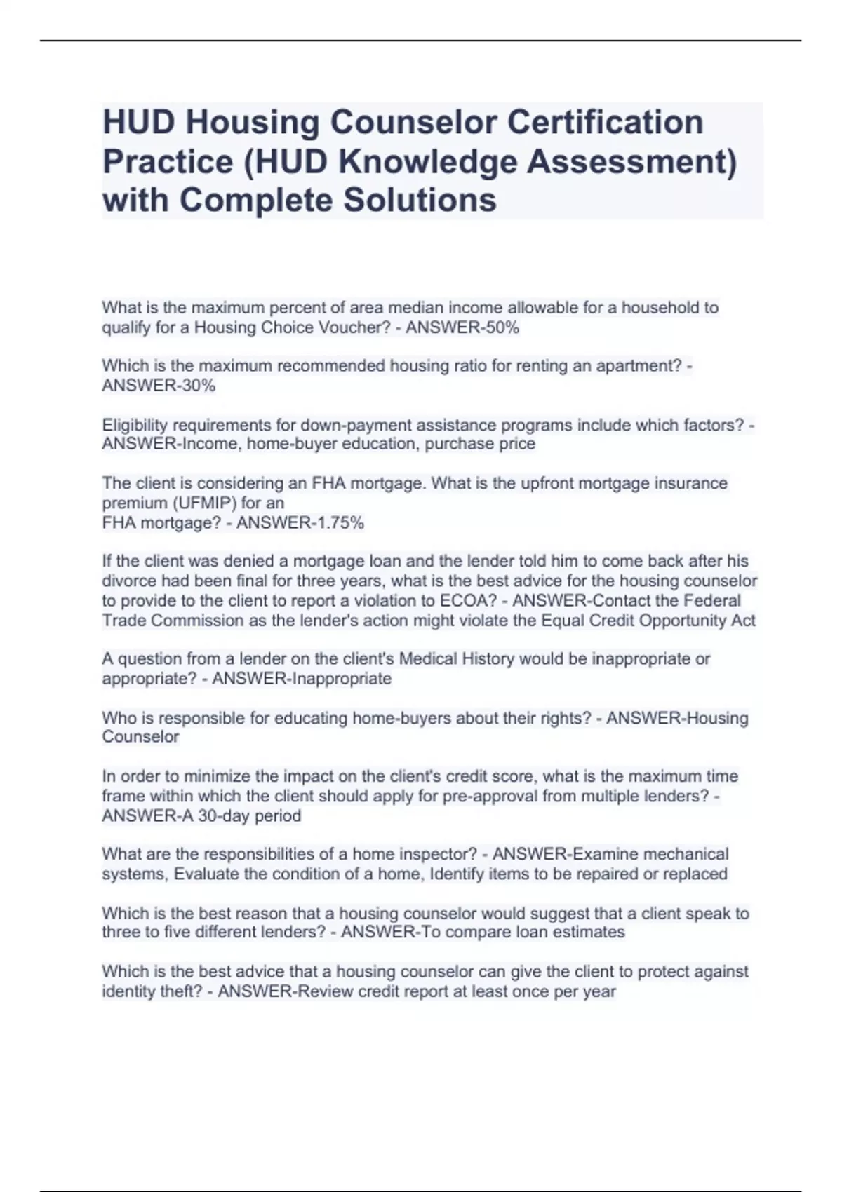 HUD Housing Counselor Certification Practice (HUD Knowledge Assessment