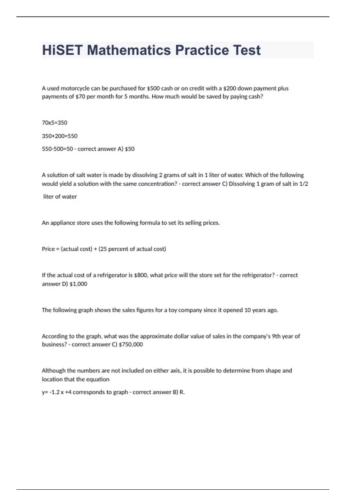HiSET Mathematics Practice Test Question and answers rated A+ 2023/2024