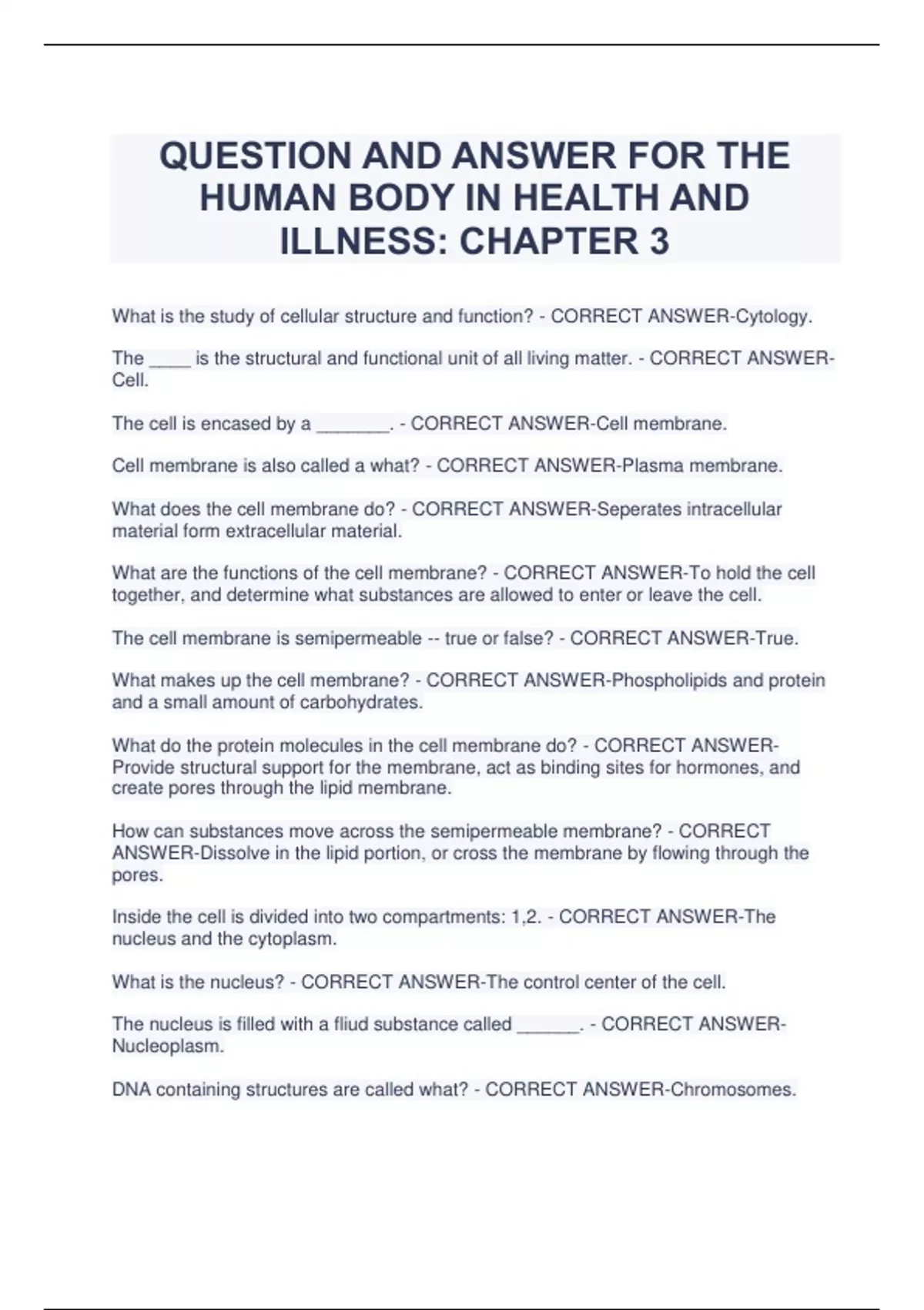 QUESTION AND ANSWER FOR THE HUMAN BODY IN HEALTH AND ILLNESS: CHAPTER 3 ...